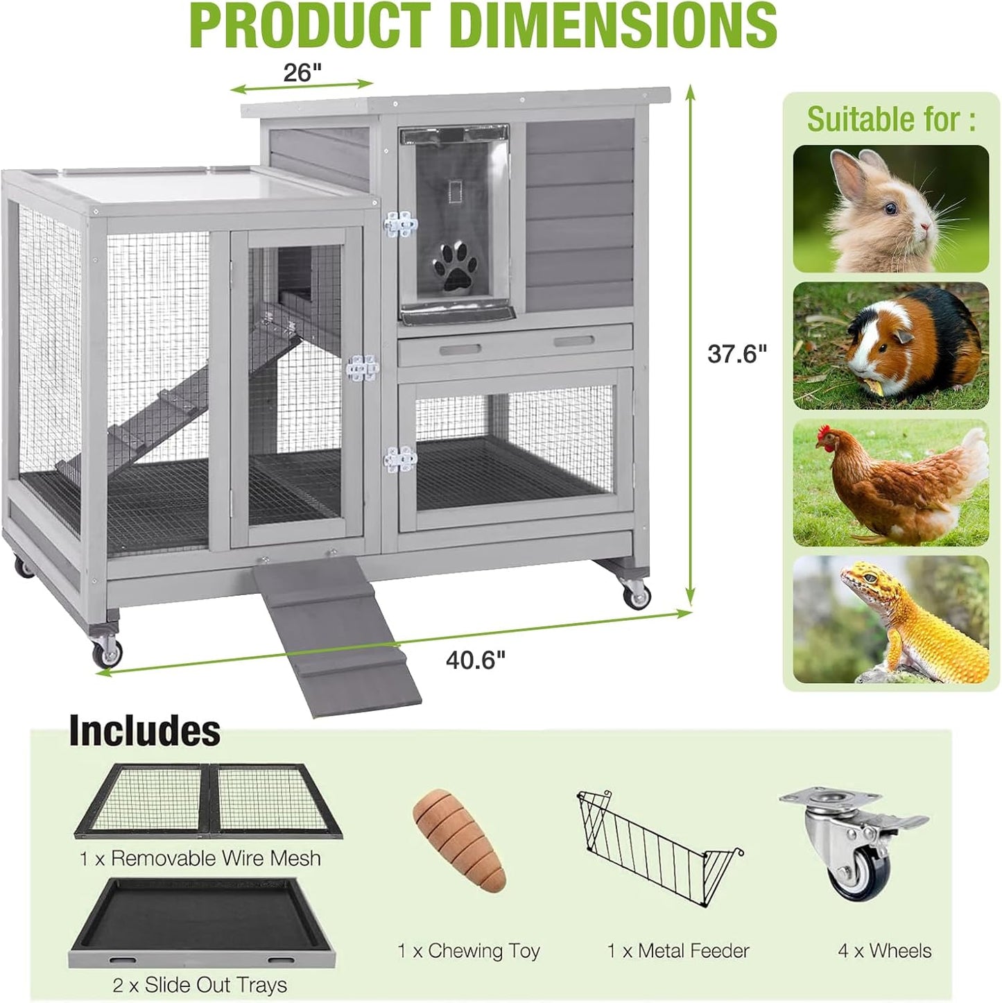 2-Story Rabbit Hutch Indoor Bunny Cage Outdoor Guinea Pig House with Wire Mesh Floor, Leak-Proof Trays, Lockable Wheels for Rabbits, Guinea Pigs, 40.6" L x 26" W x 37.6" H