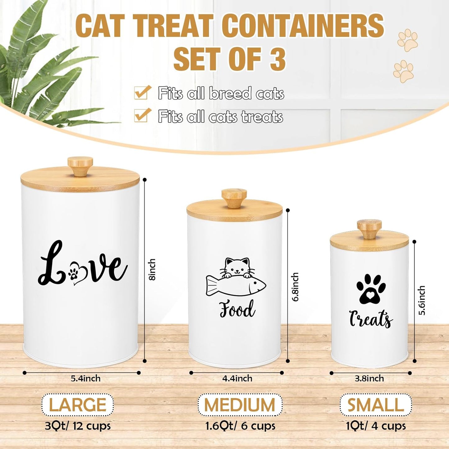 Metal Airtight Cat Treat Container Set of 3 with Bamboo Lids and Spoon Cat Food Storage Container with DIY Labels Pen Pet Cookie Snack Food Storage Organizer Jars for Kitchen Counter(White)