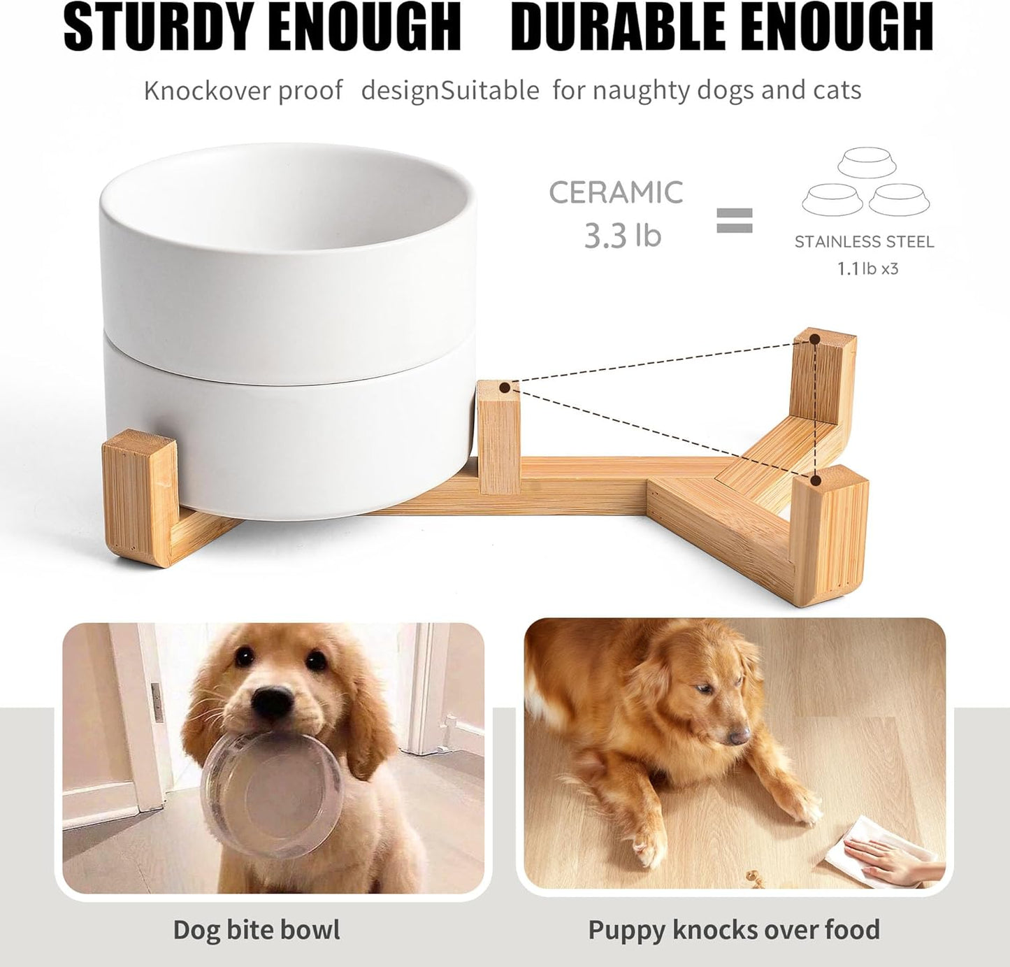 White Ceramic Dog & Cat Bowl Set – 13.5 OZ with Wooden Stand, Non-Slip, Elevated Design for Small Dogs & Cats – 2 Bowls (Food & Water, Ceramic Pet Bowls, Modern Dog Bowls)