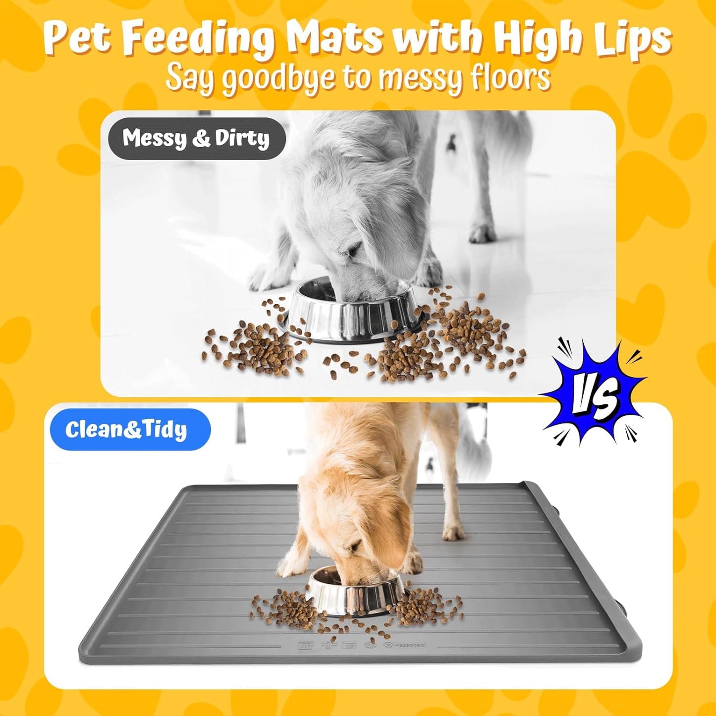 Dog Feeding Mat - 39''x27'' Large Silicone Pet Food Mats with Residue Collection Pocket and High Edges, Floors Waterproof Dog Cat Bowl Mat Prevent Water Food Spills, Light Grey