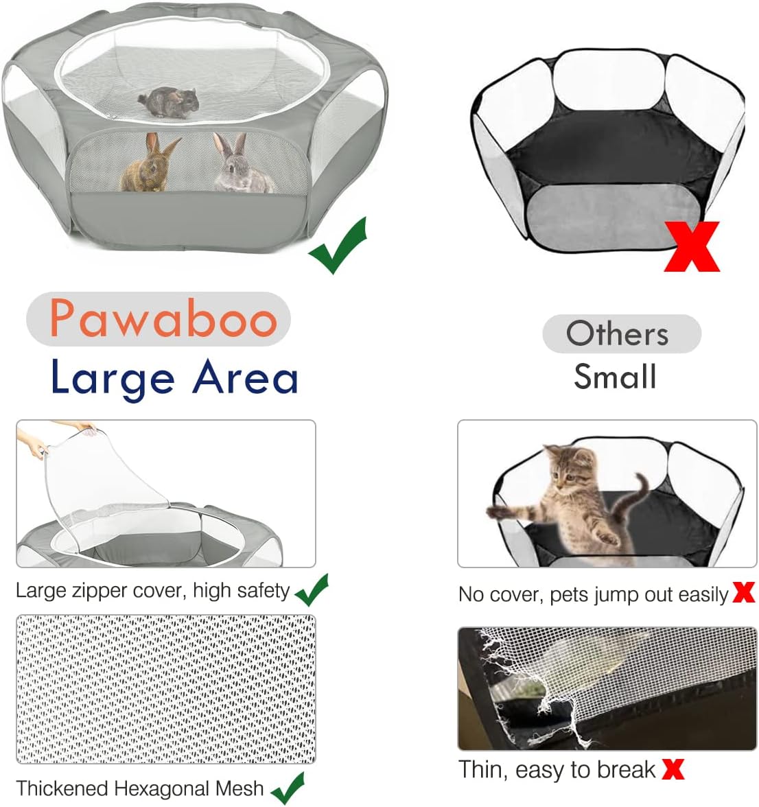Pawaboo Small Animals Playpen, Waterproof Small Pet Cage Tent with Zippered Cover, Portable Outdoor Yard Fence with 3 Metal Rod for Chick/Kitten/Puppy/Guinea Pig/Rabbits/Hamster/Chinchillas,Light Gray