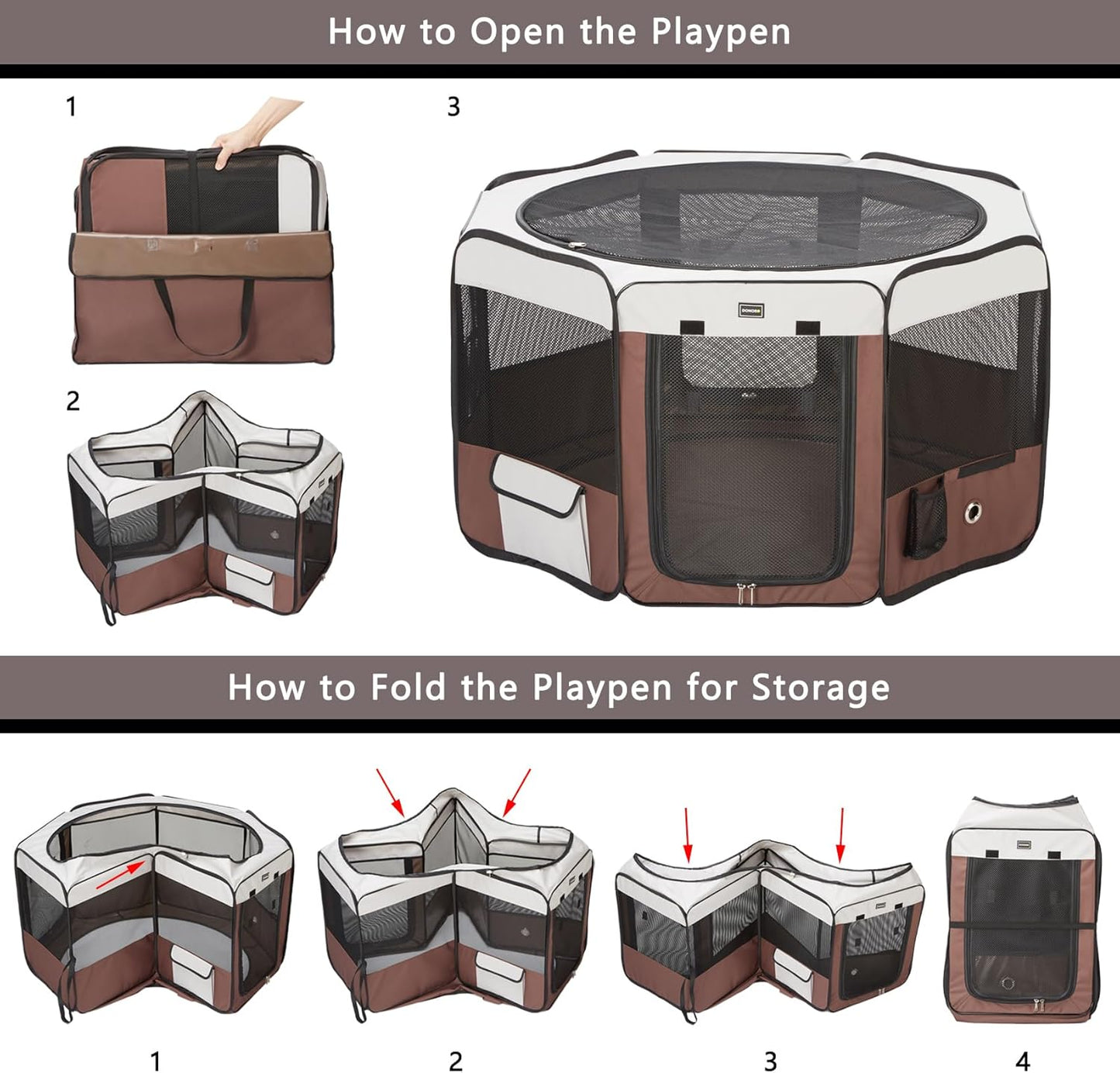 DONORO Dog Playpen Portable Pet Play Pens for Small Dog/Cat/Rabbit/Chicks, Cat Playpen Indoor/Outdoor with Carring Case, Removable Zipper Top and Bottom (Brown, Small (28"x28"x14"), 8)