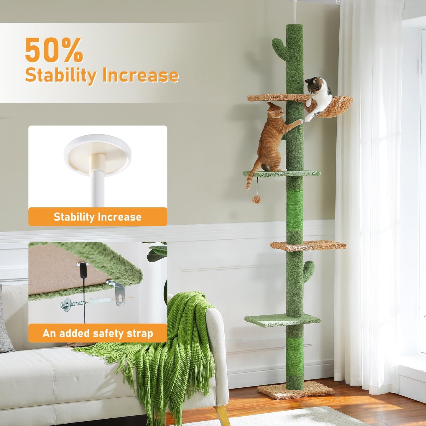 PAWZ Road Cat Tree, Cactus Floor to Ceiling Cat Tower with Adjustable Height(95-108 Inches), 5 Level Cat Climbing Tower with Cozy Hammock, Platforms and Dangling Balls for Indoor Cats