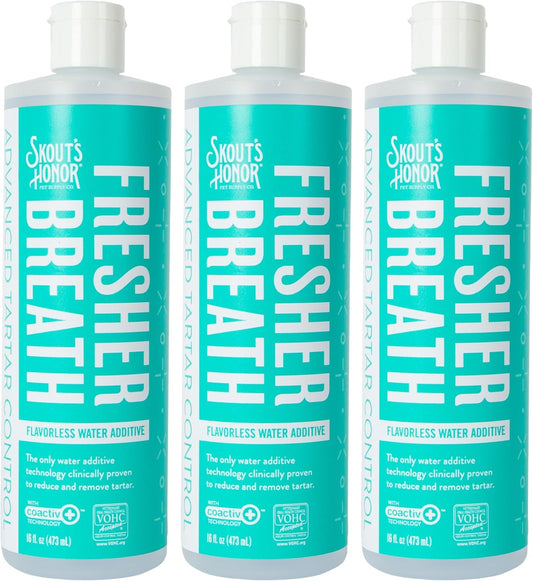 SKOUT'S HONOR Fresher Breath Water Additive for Pets - VOHC Accepted for Tartar Control, Freshens Breath Fast, No Brushing Required: Fresh & Flavorless 16oz - 3 Pack