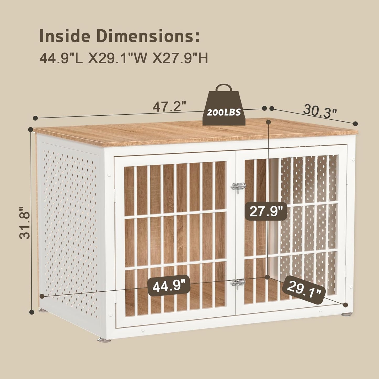 48" Heavy Duty Dog Crate Furniture for Large Dogs, Metal Kennel for High Anxiety Dogs, White Wooden Cage Furniture Indoor, Decorative Dog Kennel End Table, XL