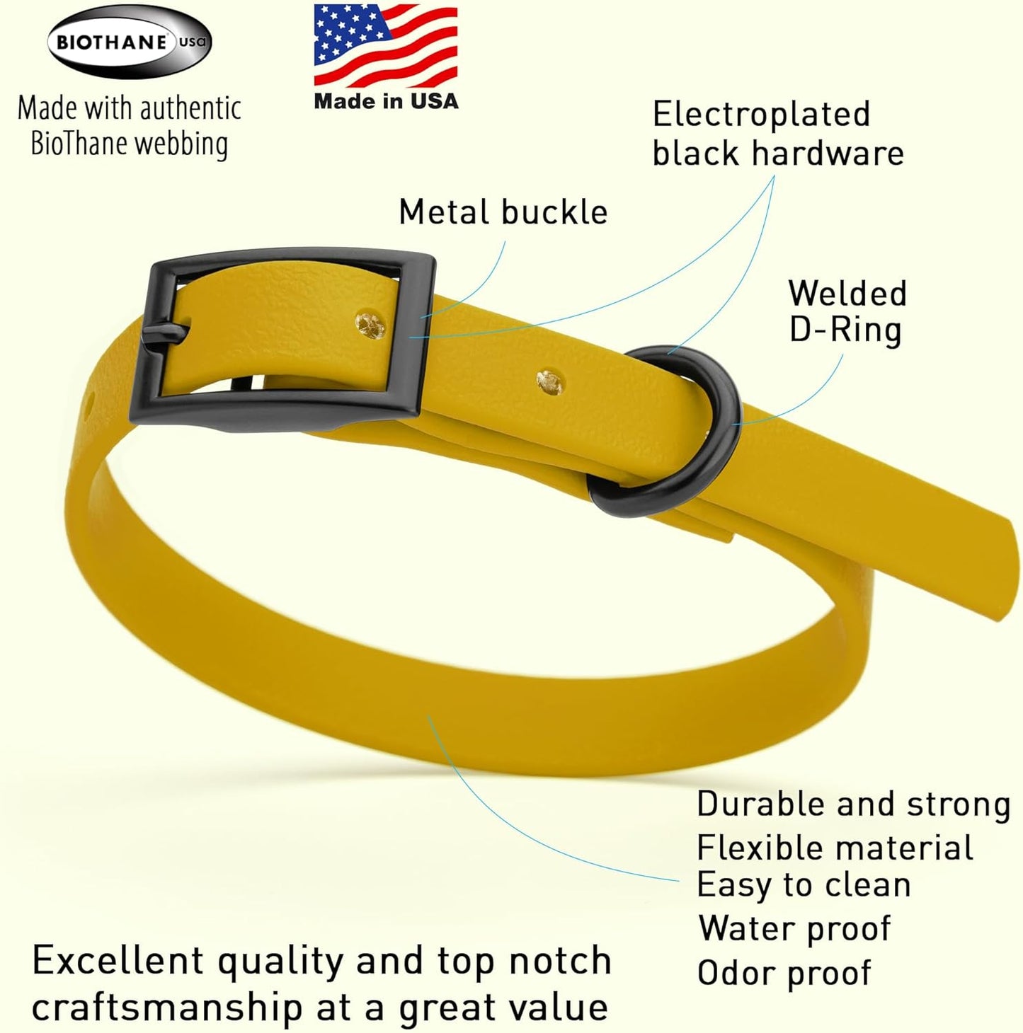 Dogline Biothane Waterproof Dog Collar Strong Coated Nylon Webbing with Black Hardware Odor- Proof for Easy Care Easy to Clean High Performance Fits Small Medium or Large Dogs, Treasure Gold