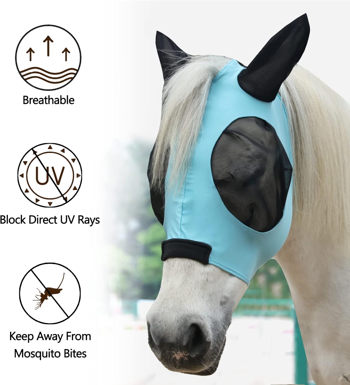 Horse Fly Mask with Ears - Large Eye Space for Full Vision, Breathable Stretch Comfort Fit, UV Protection, Forelock Opening, Easy Pull-On Paleblue Full