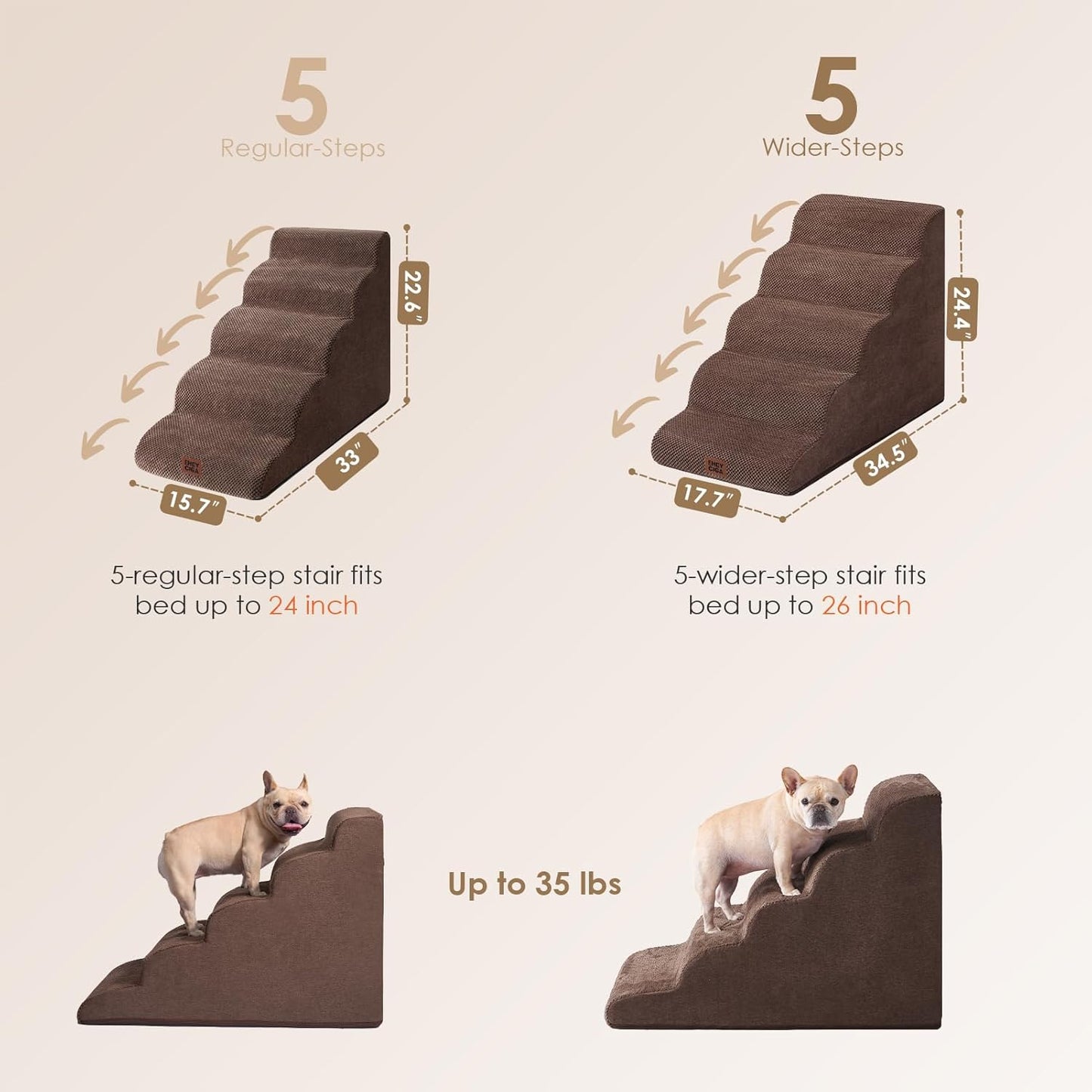 EHEYCIGA Curved Dog Stairs Ramp for High Beds, 5-Step Extra Wide Dog Steps for Small Dogs and Cats, Pet Stairs for High Bed Climbing, Non-Slip Balanced Pet Step Indoor, Brown