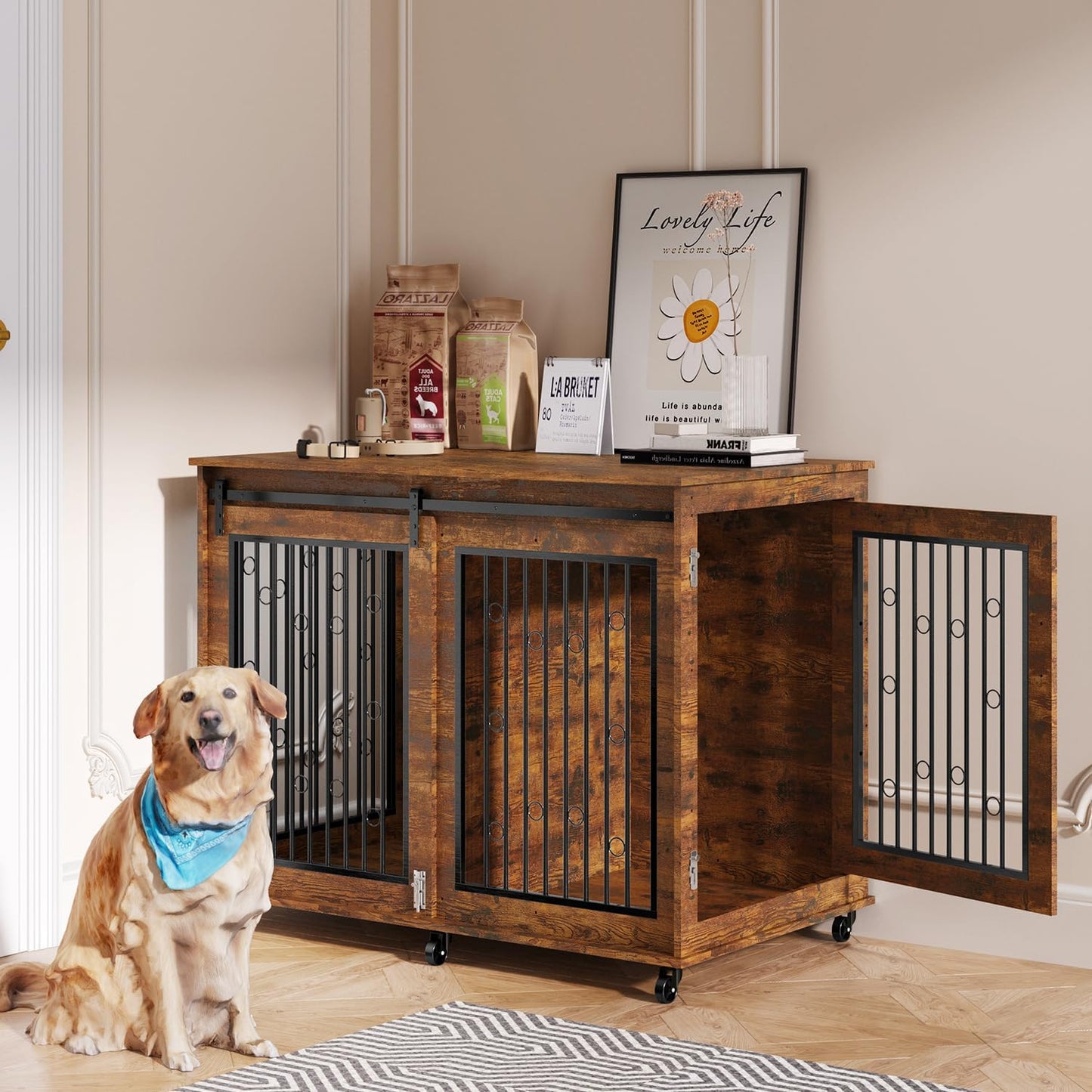 IchbinGo Large Dog Crate Furniture, 47" Wooden Dog Kennel with Sliding Barn Door, Flip-Top Lid & Wheels, Indoor Pet Crate Table with Detachable Divider for Small/Medium/Large Dogs (Rustic Brown)