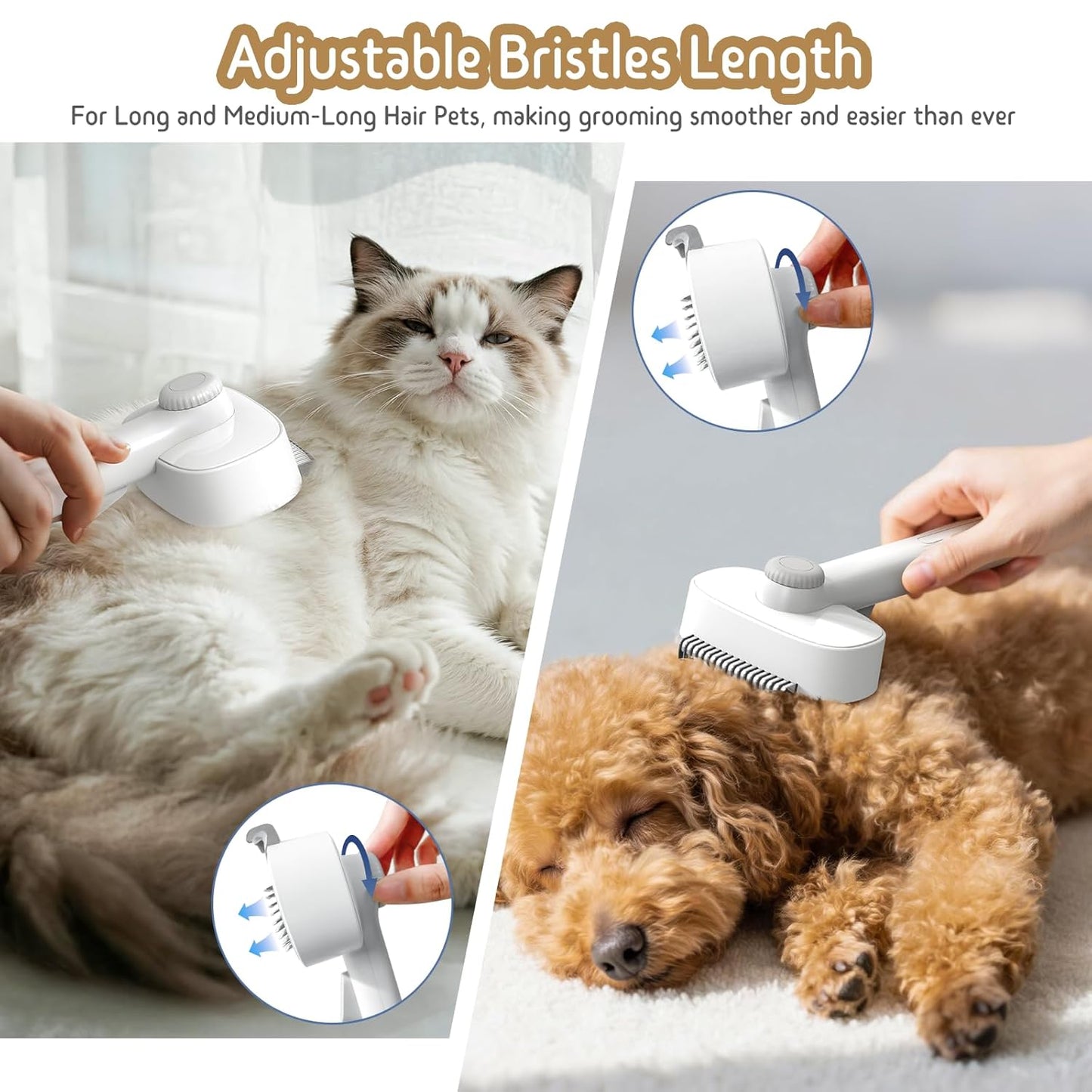 Self Cleaning Slicker Brush, 2-in-1 Cat Brush for Shedding, Skin Friendly Grooming Tool for Long & Medium-Long Hair Pets, Adjustable Bristle Length with Dematting Comb for Cats, Dogs