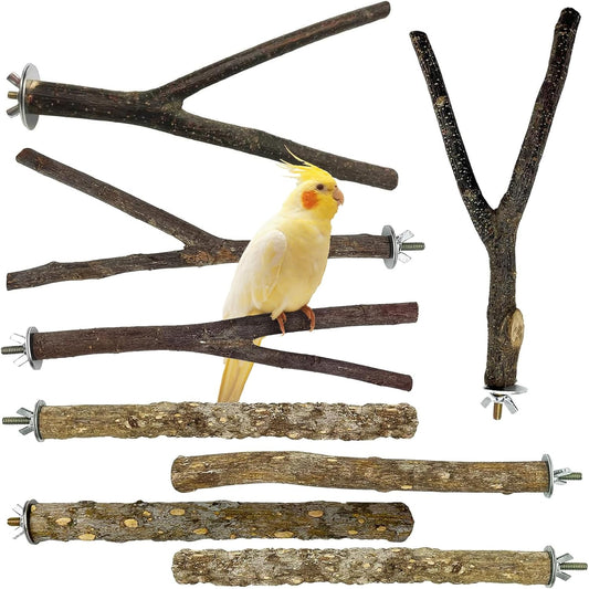 kathson 8 PCS Natural Bird Wood Perch Parakeet Standing Toy Sticks Parrot Paw Grinding Branches Cockatiels Cage Chewable Accessories for Conures Macaws Finches