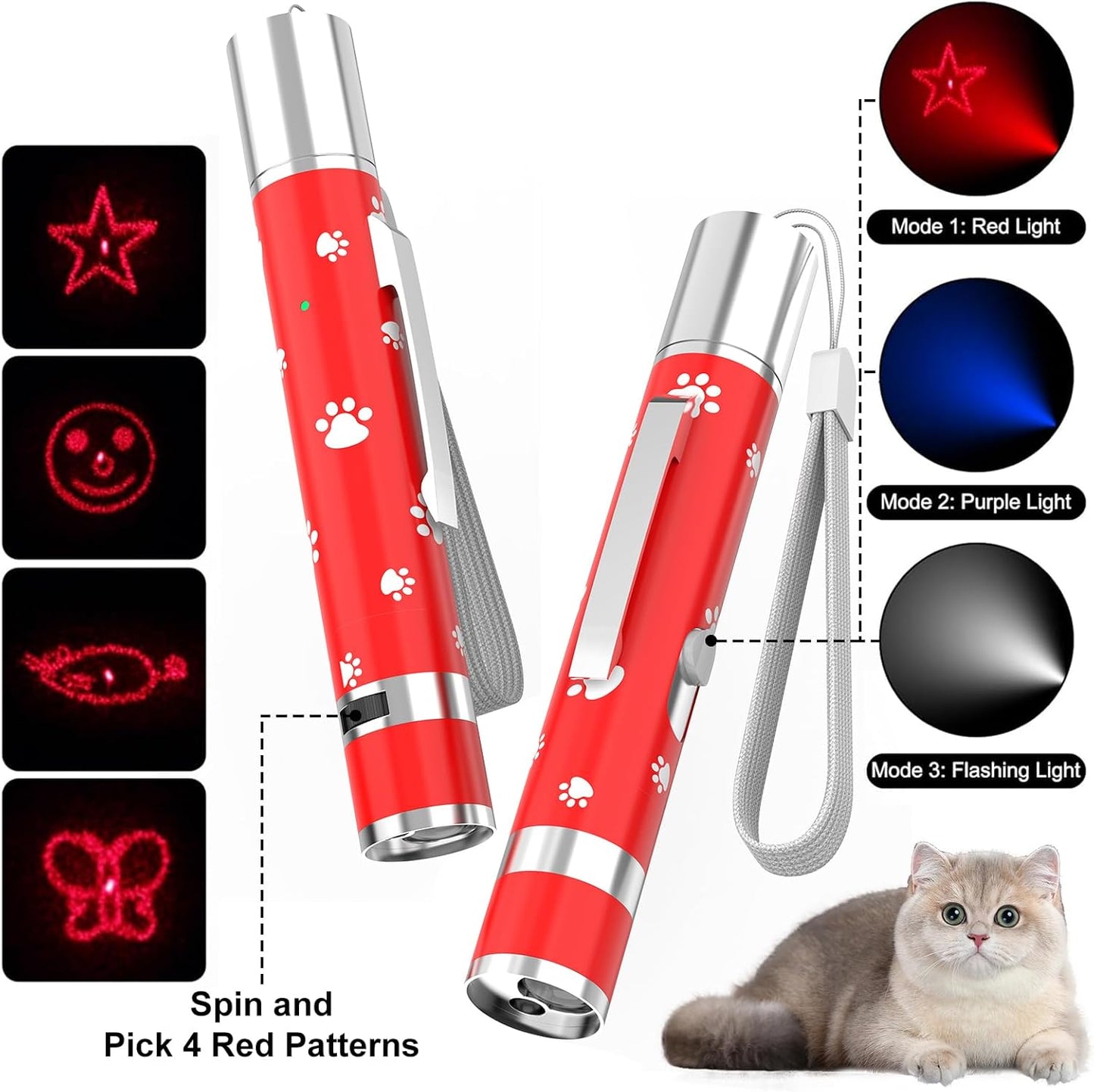 EAWONGEE Cat Toys, Rechargeable Interactive Toy for Cats with 7 Light Projection Modes, Indoor Kitty Pet Dog Toy for Training Chaser, 2 PCS Red