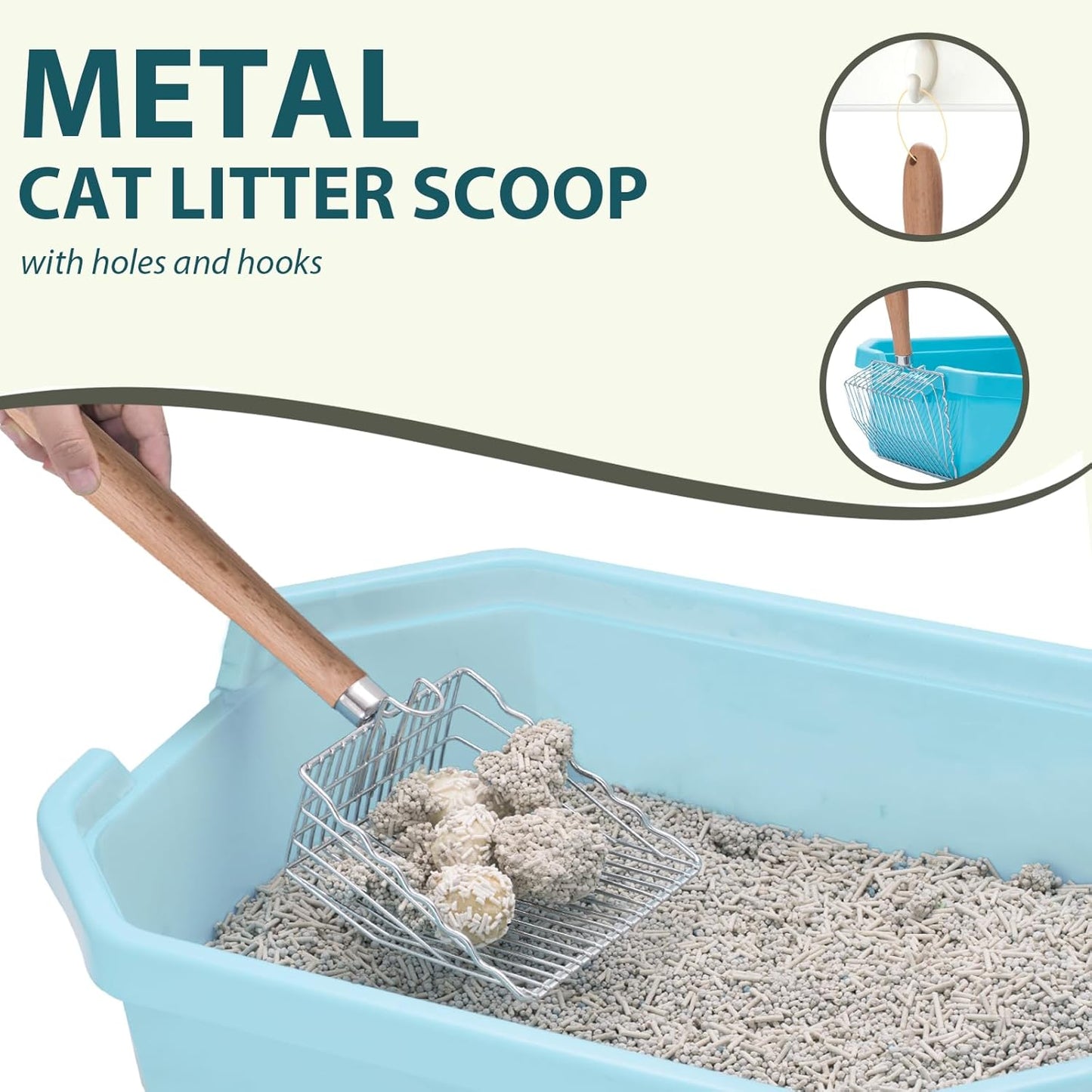 Cat Litter Scoop, Kitty Metal Scooper with Hook and Long Hole, Stainless Steel Kitten Poop Lifter for Litter Box, Non Stick, Durable and Heavy Duty Sifter for Easy Clean