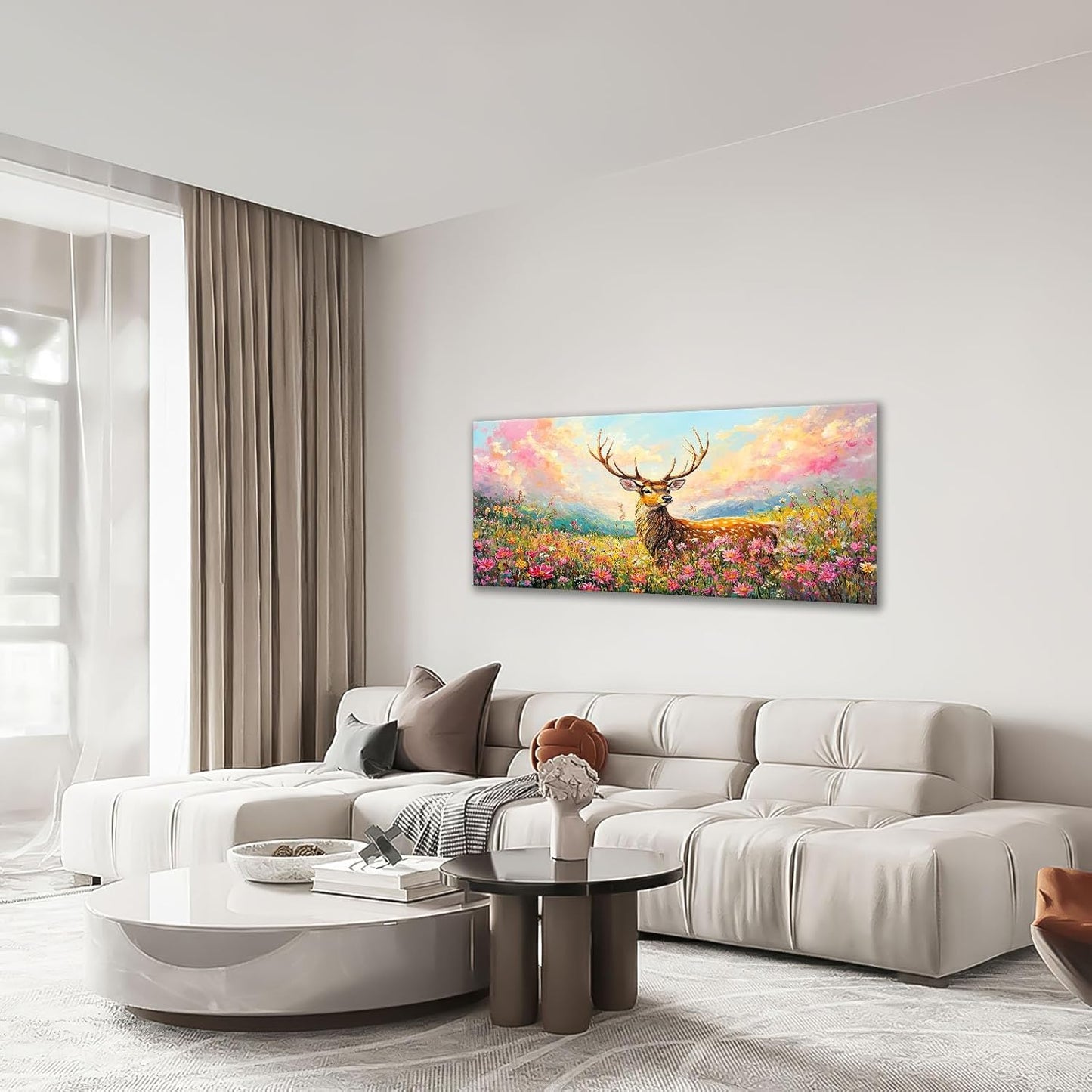 Deer Large Wall Art Wildflower Landscape Pictures Rustic Flowers Wall Decor Wild Animal Nature Canvas Print Painting Artwork for Bathroom Living Room Bedroom 30"x60"