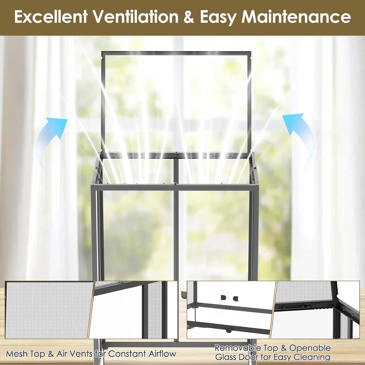 Erinnyees 67 Gallon Reptile Terrarium with Top Screen Ventilation, Snake Habitat with Heating Pad Space, Front Opening Reptile Vivarium with Sliding Cable Outlet for Leopard Geckos, Snakes, Turtles
