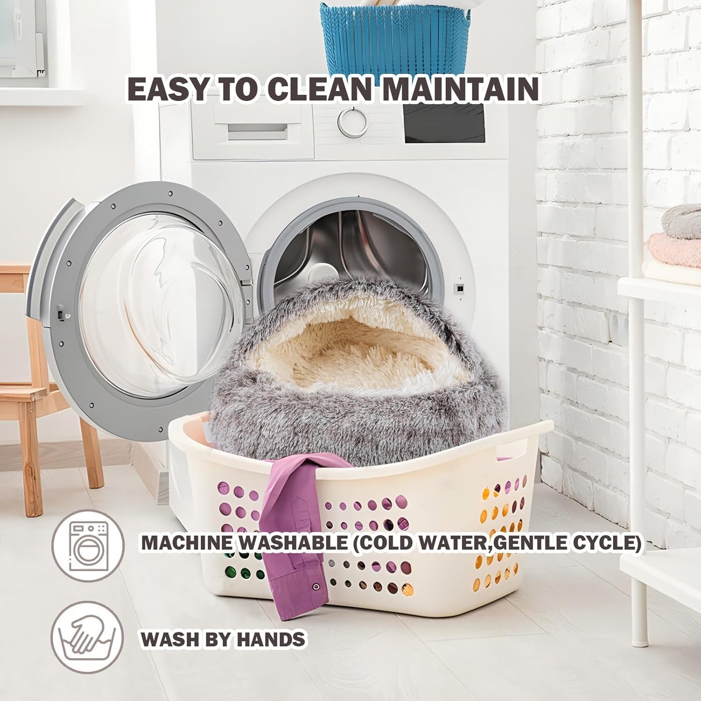 Cat Bed for Indoor Cats, Calming Cozy Cave with Self-Warming Plush, Entire Bed Machine Washable & Anti-Slip Base, Breathable Pet Bed for Small Cats&Dogs All Seasons (Khaki, 20 * 20inch)