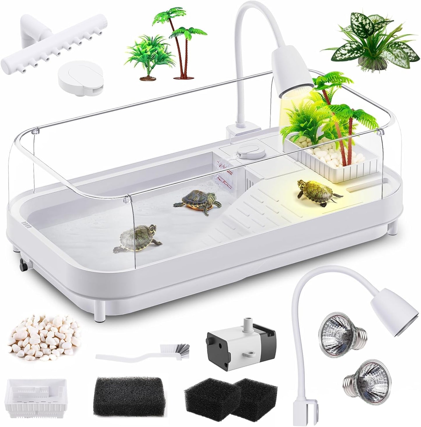 Large Turtle Tank Kit with Lamp and Filter, Acrylic Turtle Tank Starter Kit, Tank Aquarium with Heightened and Curved Fences, Bottom Drainage, Multi-Function Areas