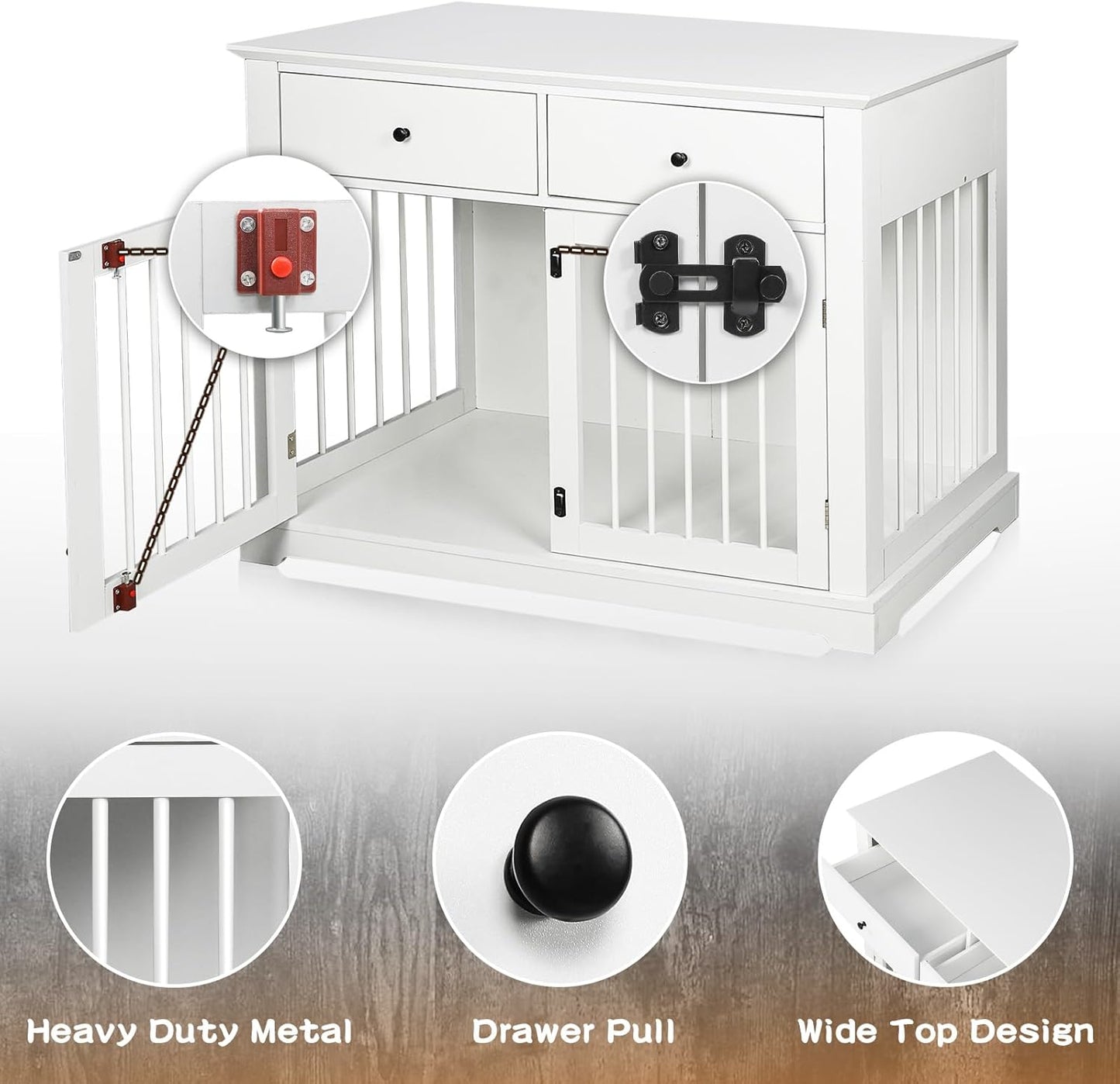 LEMBERI 44 Inch Large Dog Crate Furniture, Wooden Dog Kennel End Table with Storage Drawers, Decorative Pet Cage Dog House Indoor for Dogs