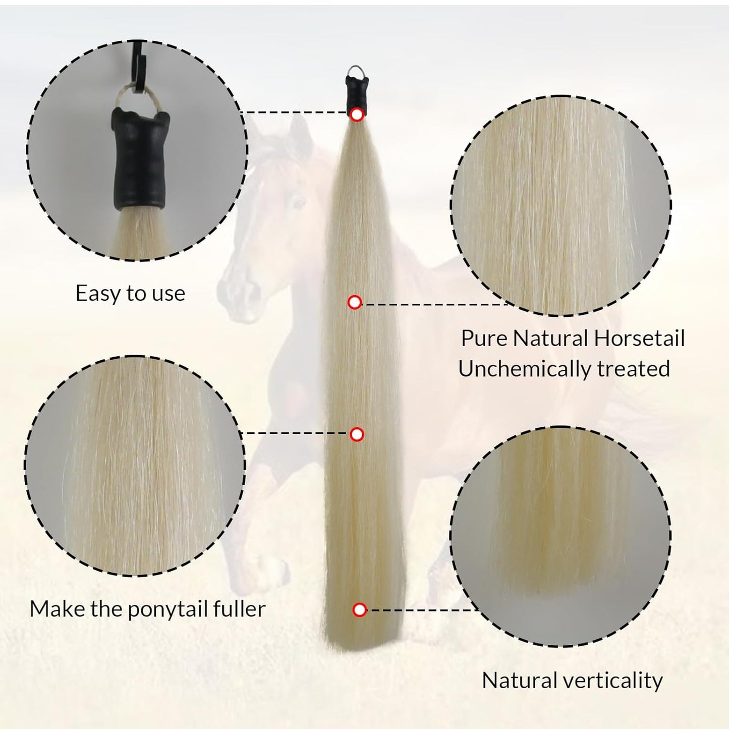 Horse Tail Extension with Braided Horsehair Loop, Blunt Cut Bottom, 3/8 lb, 28-30 inches (Pure White)