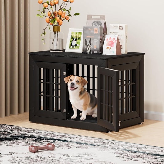 38" Heavy Duty Dog Crate Furniture for Small,Medium and Large Dogs,Rustic Wooden Dog Cage Kennel Indoor Furniture with Waterproof Top,Decorative Pet House Side End Table (Black)