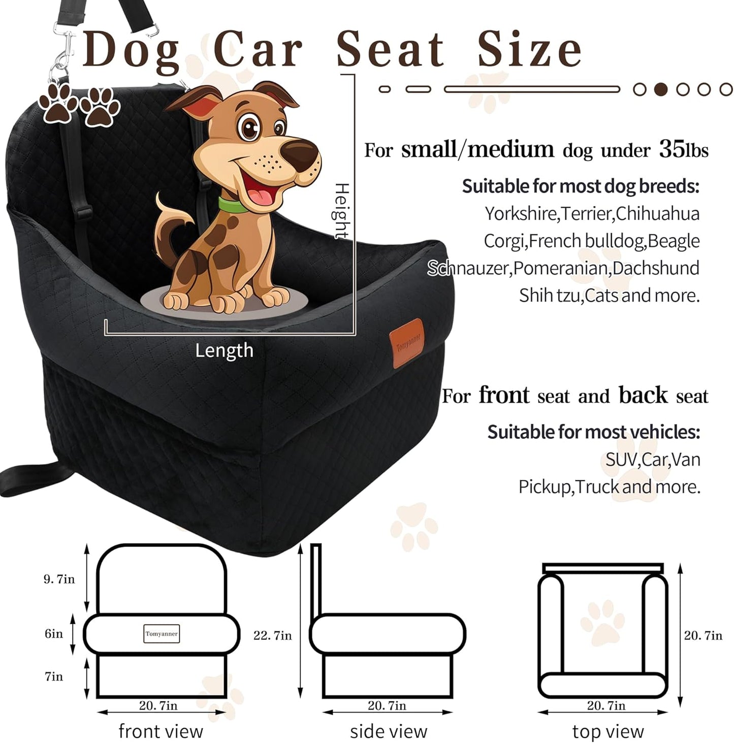 Dog Car Seat-Dog Booster Car Seat with 7''Interior Height,Pet Travel Car Seat with 2 Safety Leashes,Car Dog Seat Restraint Small/Medium Dog up to 35 lbs,Detachable Washable,Easy to Install(H-Black)