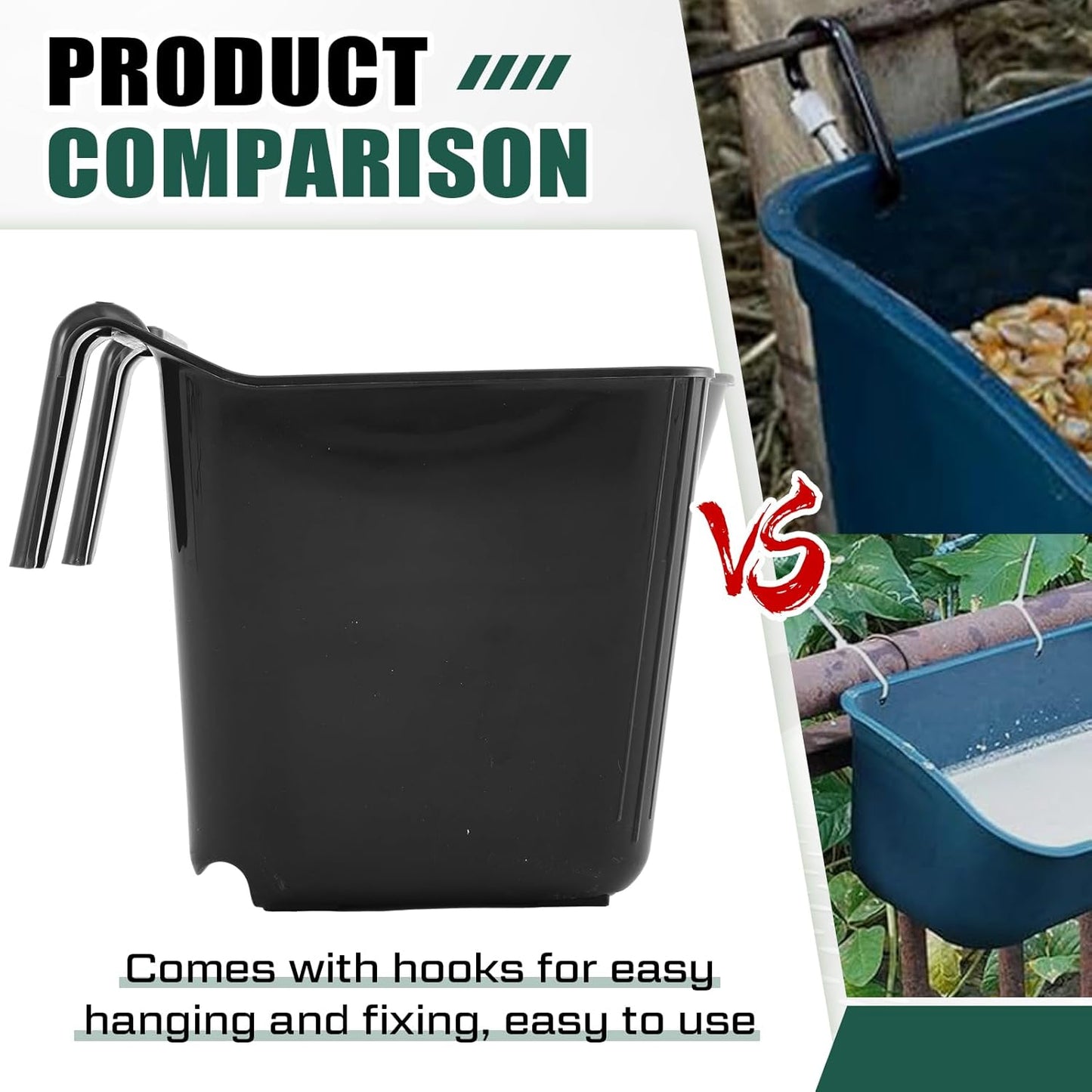 Marsui 8 Pcs 15 Quart Horse Feeders for Stall Hook Over Hanging Fence Hay Feeder Mountable Livestock Plastic Feed Bucket for Farm Stalls Pasture, Stable to Feed Horses Sheep Cattle Cows Etc (Black)