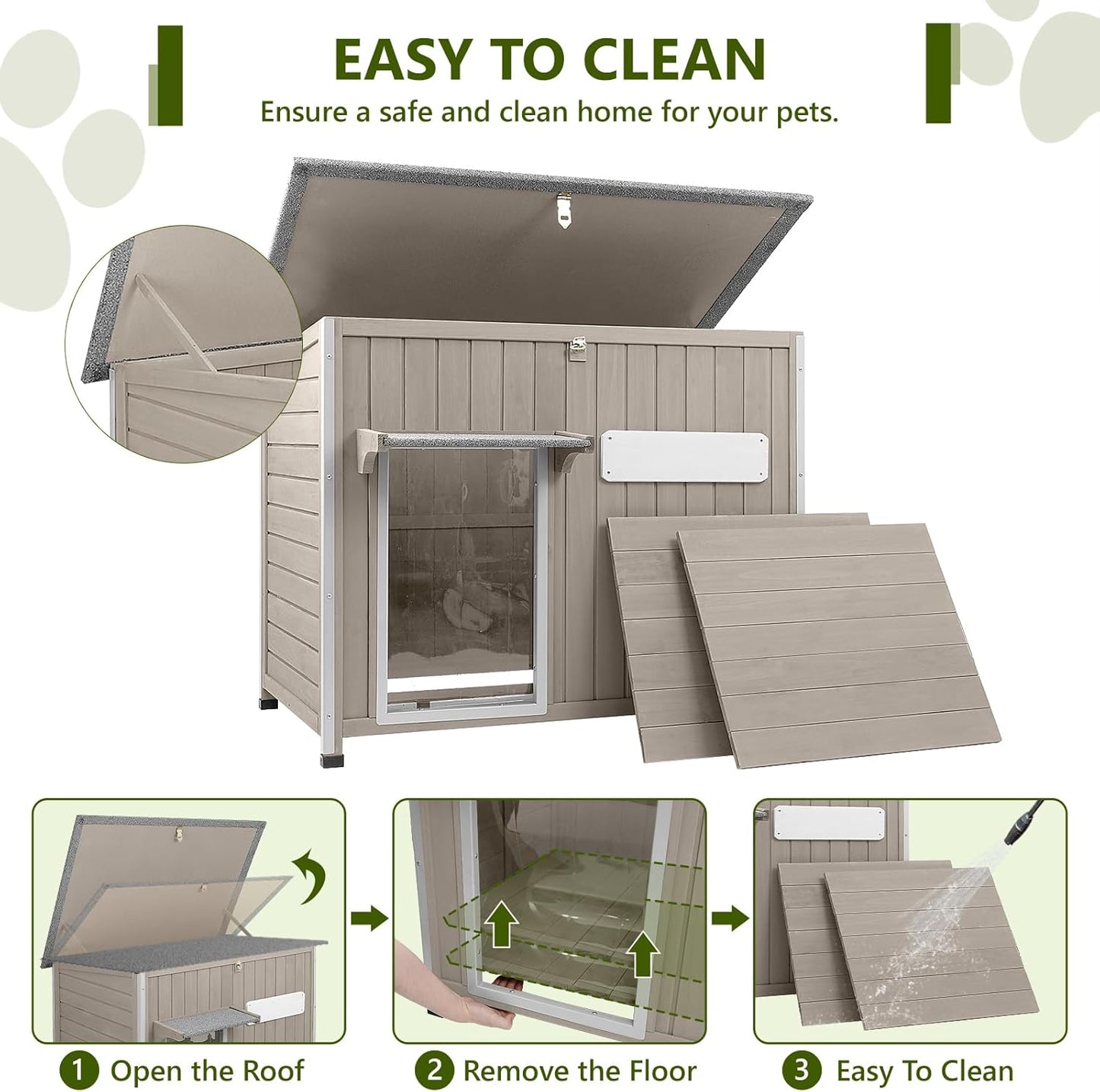 Large Dog House Outdoor XL Wooden Dog House with Weatherproof Asphalt Roof, Chew-Resistant Frame, Removable Floor, for Medium to Large Dogs Indoor Outdoor Use (Grey, 43.3"L x 29.5"W x 33.5"H)