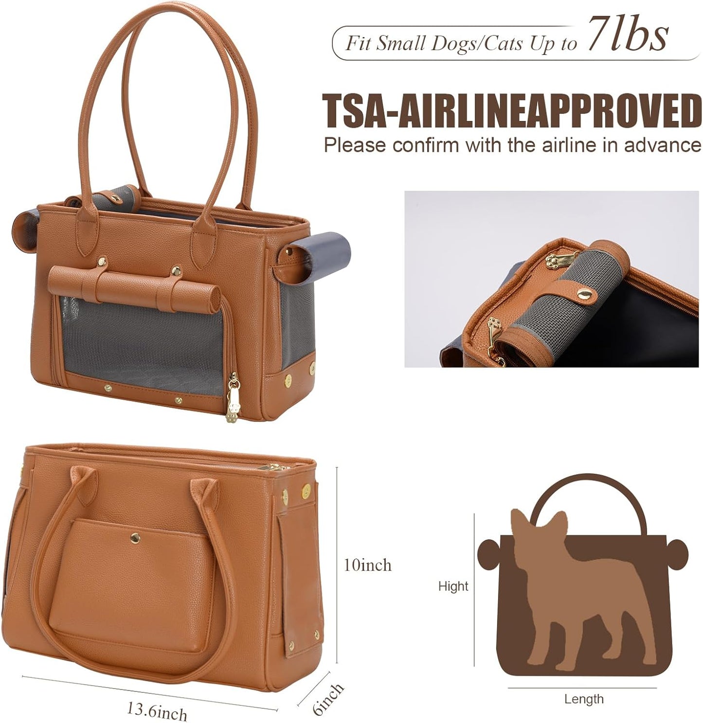 Minsong Fashion Pet Carrier Purse for Small Cat and Dog, Luxury Pu Soft-Sided Tote Bag with Large Pockets for Dogs and Puppies (Brown, 13.6" L x 6" W x 10.0" H)