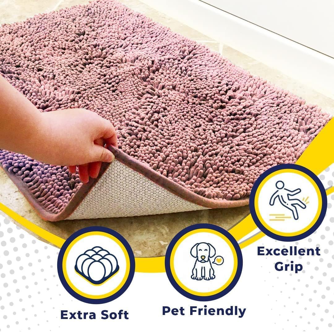 Muddy Mat® AS-SEEN-ON-TV Highly Absorbent Microfiber Door Mat and Pet Rug, Non Slip Thick Washable Area and Bath Mat Soft Chenille for Kitchen Bedroom Indoor and Outdoor - Light Pink 24" x 96"