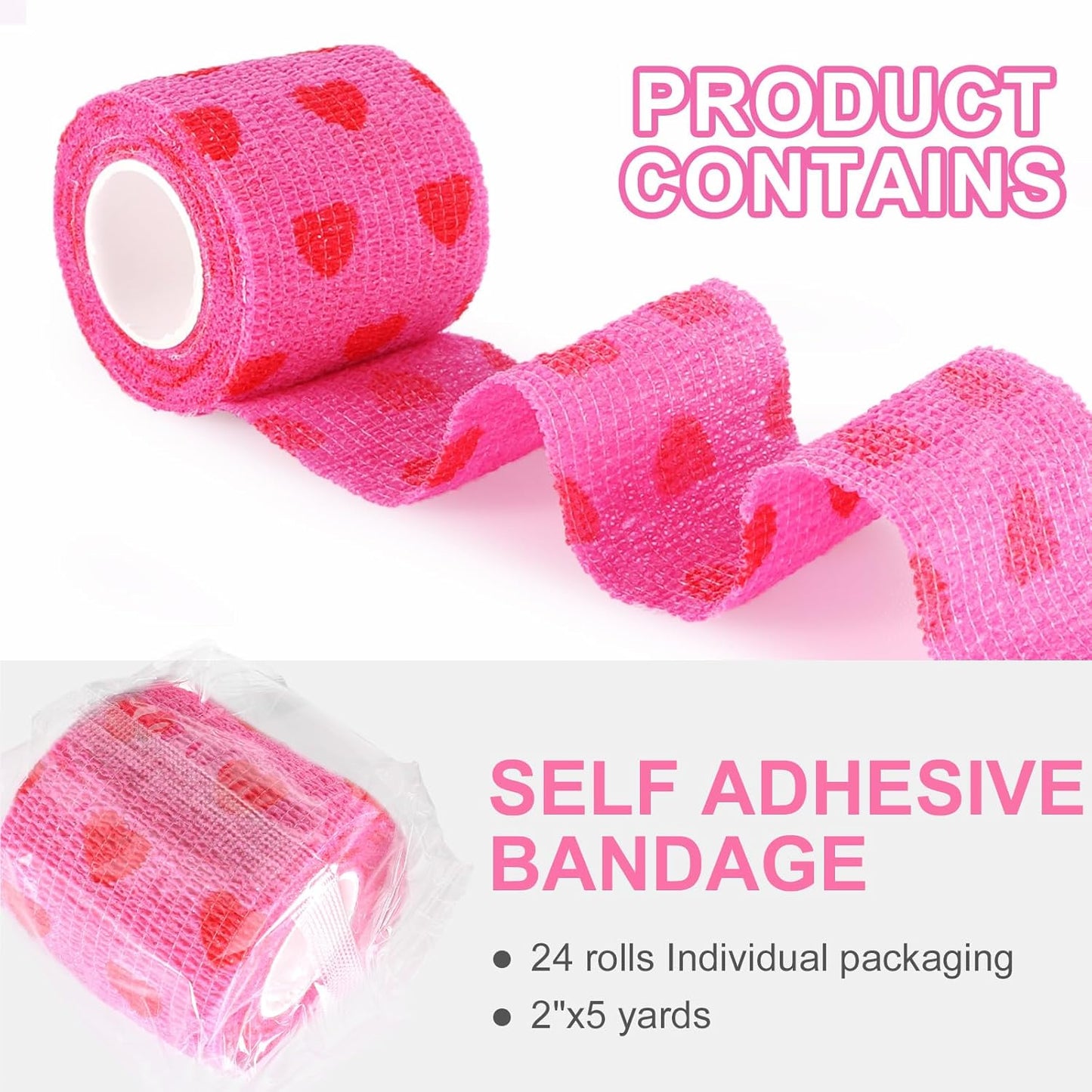 24 Pack Self Adhesive Vet Wrap & Medical Tape, 2 Inch x 5 Yards Cohesive Bandage Wrap - Pink Heart Grip Tape for Ankle, Wrist Sprains, Sports, Pet First Aid