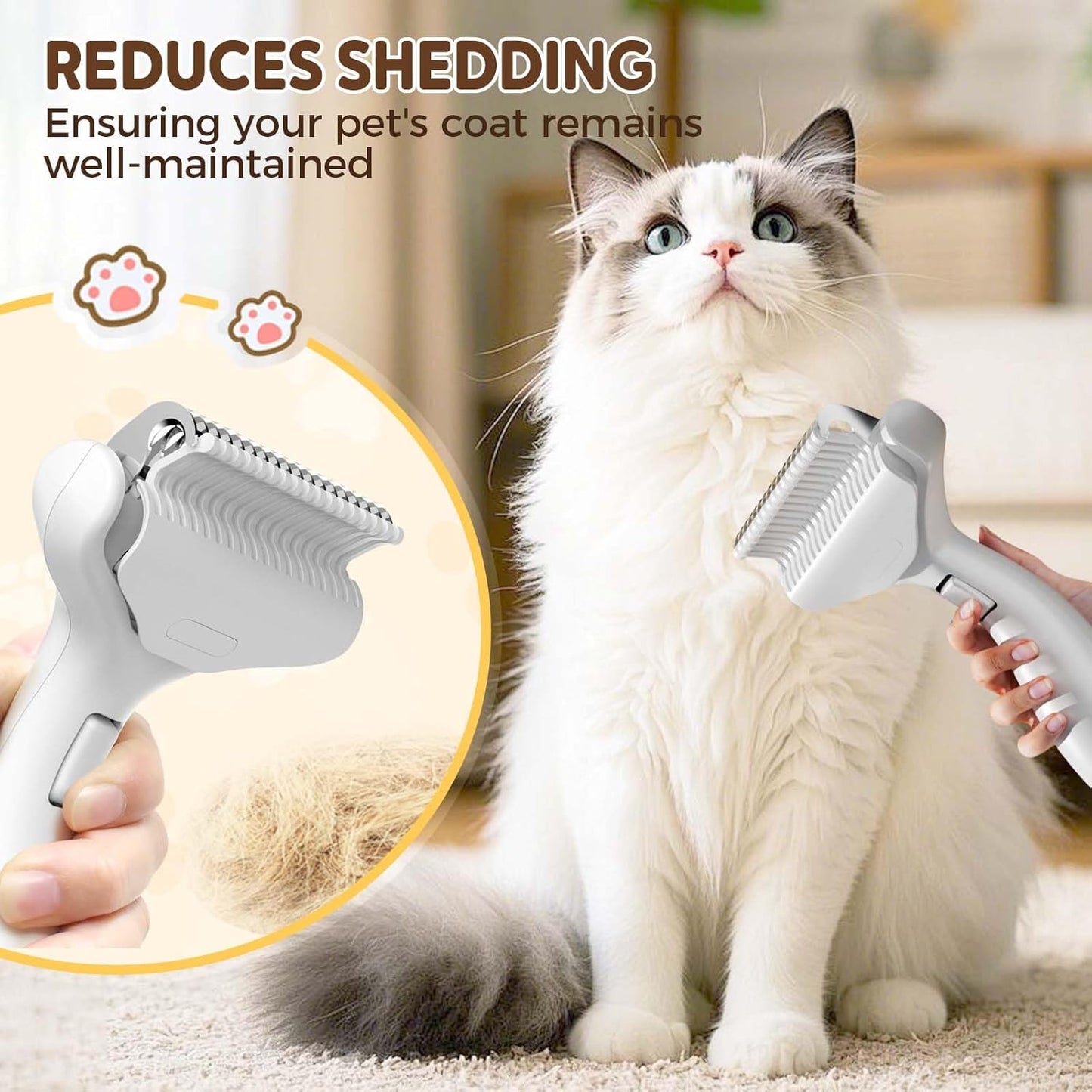 Pet Grooming Brush, 2025 New Self Cleaning Metal Comb, Detangling and Dematting Long, Matted Fur on Cats and Dogs, Easy to Remove Loose Undercoat, One Click Removal (White)