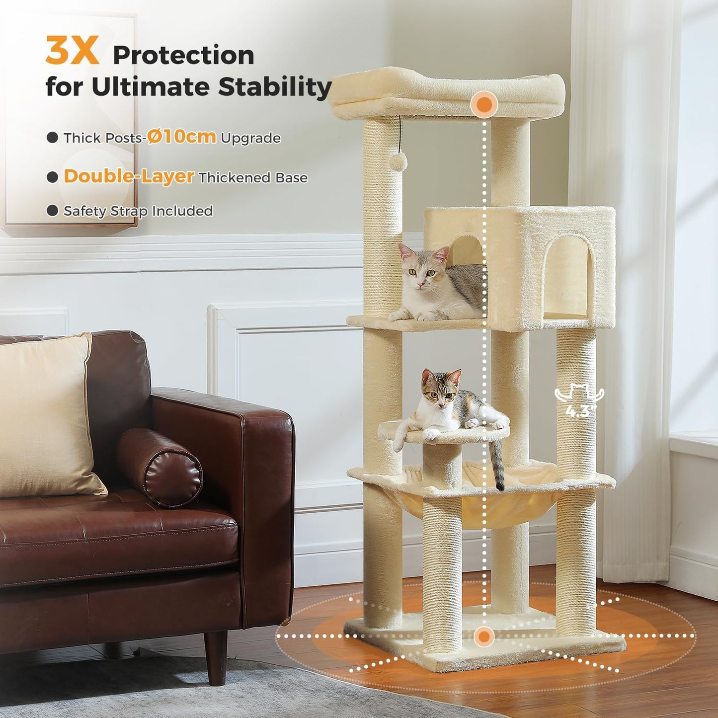 Large Cat Tree with Reinforced Scratching Posts (φ3.1in) for Big Adult Cats 30 lbs, 57.8" Heavy Duty Cat Tower with Larger Hammock and Condo, Cat Furniture for Maine Coon, Plush,Beige