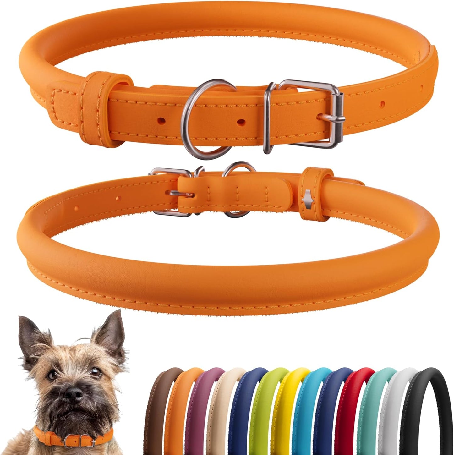 CollarDirect Rolled Leather Dog Collar, Soft Padded Round Puppy Collar, Handmade Genuine Leather Collar Dog Small Large Cat Collars 13 Colors (6 Inch, Orange Smooth)