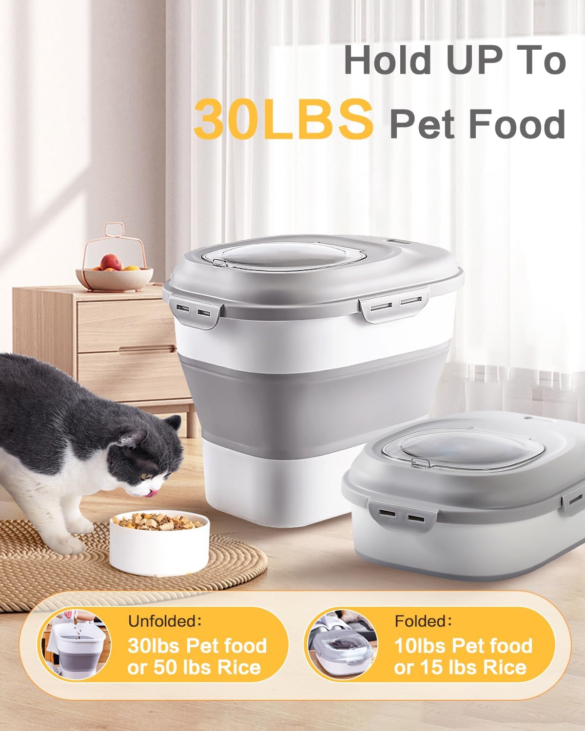 ANVS Dog Food Storage Container - Collapsible Dog Food Container with Airtight Lids, Scoop and 2.5L Small Pet Food Storage Container Dry Food For Dog, Cat and Other Pet Food (Grey, 30lbs)