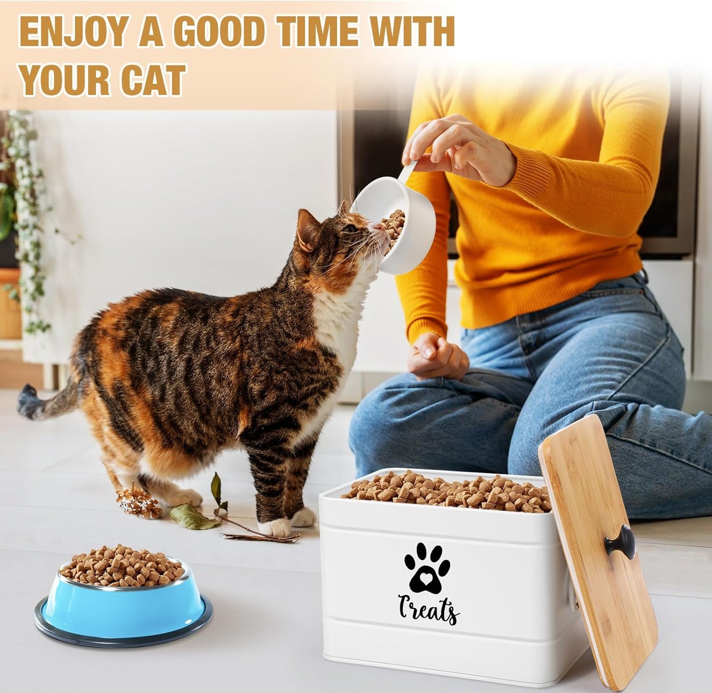 Extra Large Metal Cat Food Containers Airtight 12+3.5 lbs Cat Treat Snack Jars Set of 2 with Bamboo Lids and Spoons Farmhouse Big Pet Cookie Storage Jars for Kitchen Counter Gifts(White)