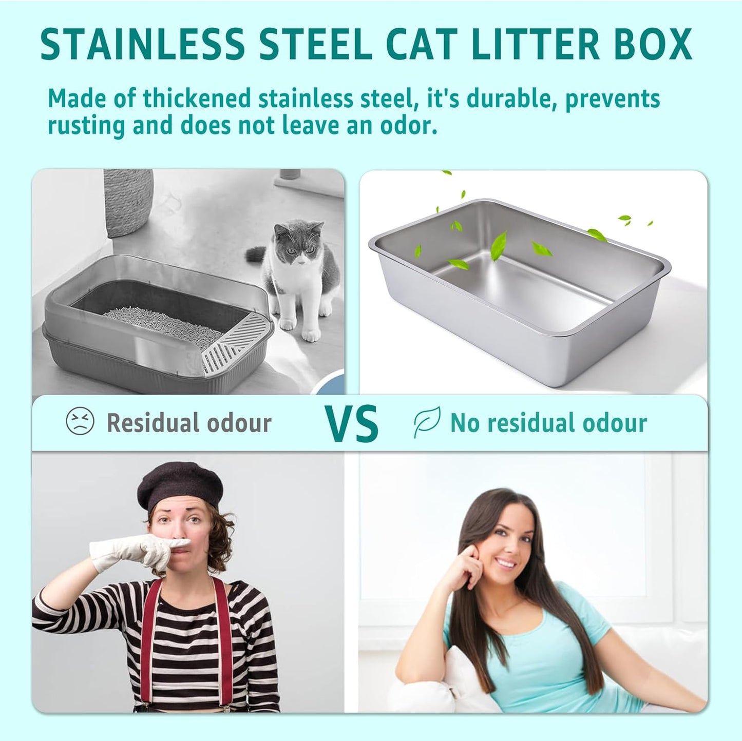 Stainless Steel Cat Litter Box 2 Pack,XL Metal Litter Box for Big Cats, Cat LitterBox Metal Pet Toilet Easy to Clean,High Sided Litters Boxes Adult Big Cats,Non Stick, No Smell,23.6"x15.8"x6"