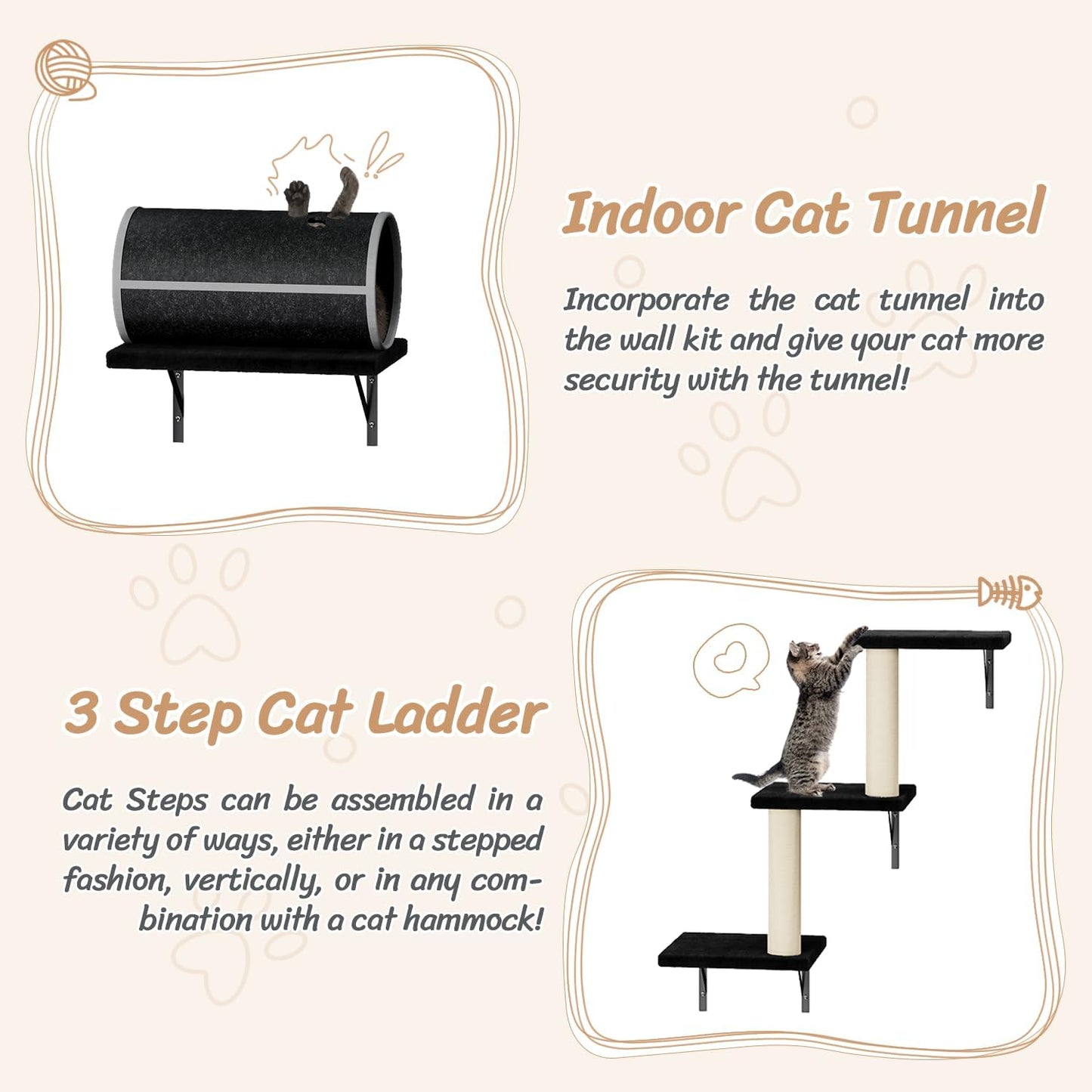 NUNU LAB 7-in-1 Wall Mounted Cat Climber Set, Cat Furniture with House, Tunnel, Bridge, Steps, Scratcher, Hammock, Shelves for Indoor, Black