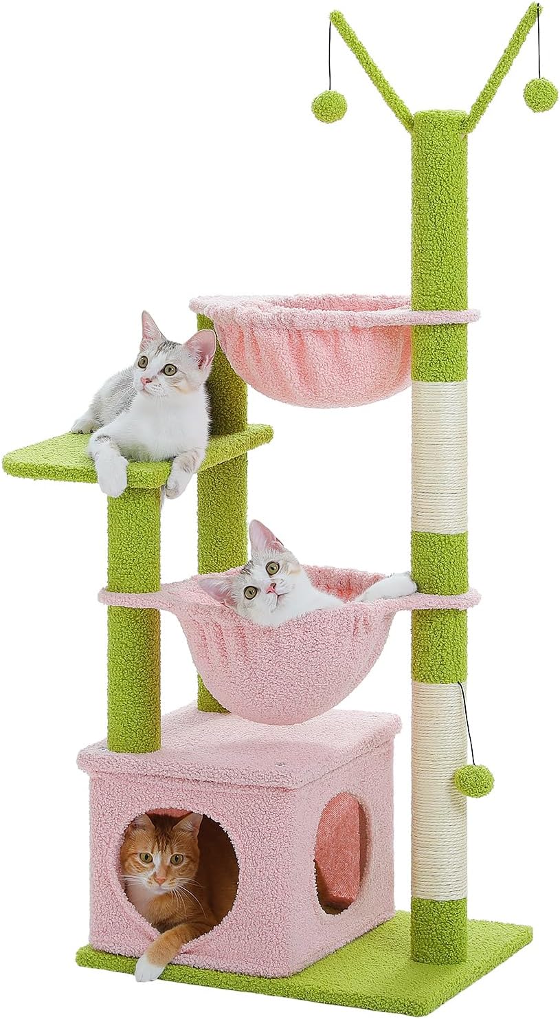 Pink Cat Tree, 47.6" Cat Tower with 2 Metal Frame Hammock, Cat Scratching Post for Indoor Cats with 2 Removable Pompom Sticks for Kittens, Pink