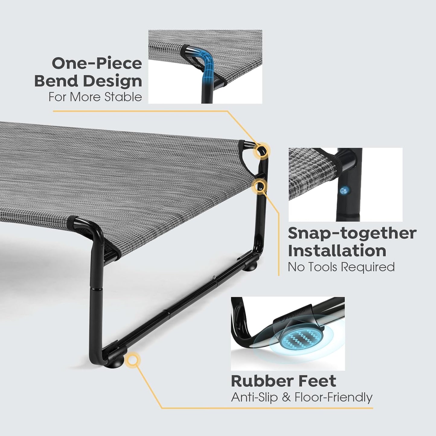 Veehoo Original Outdoor Elevated Dog Bed, Cooling Raised Dog Cot for Large Dogs, Portable Standing Pet Hammock Platform with Washable Breathable Mesh, No-Slip Feet, 43" x 30", Black Silver