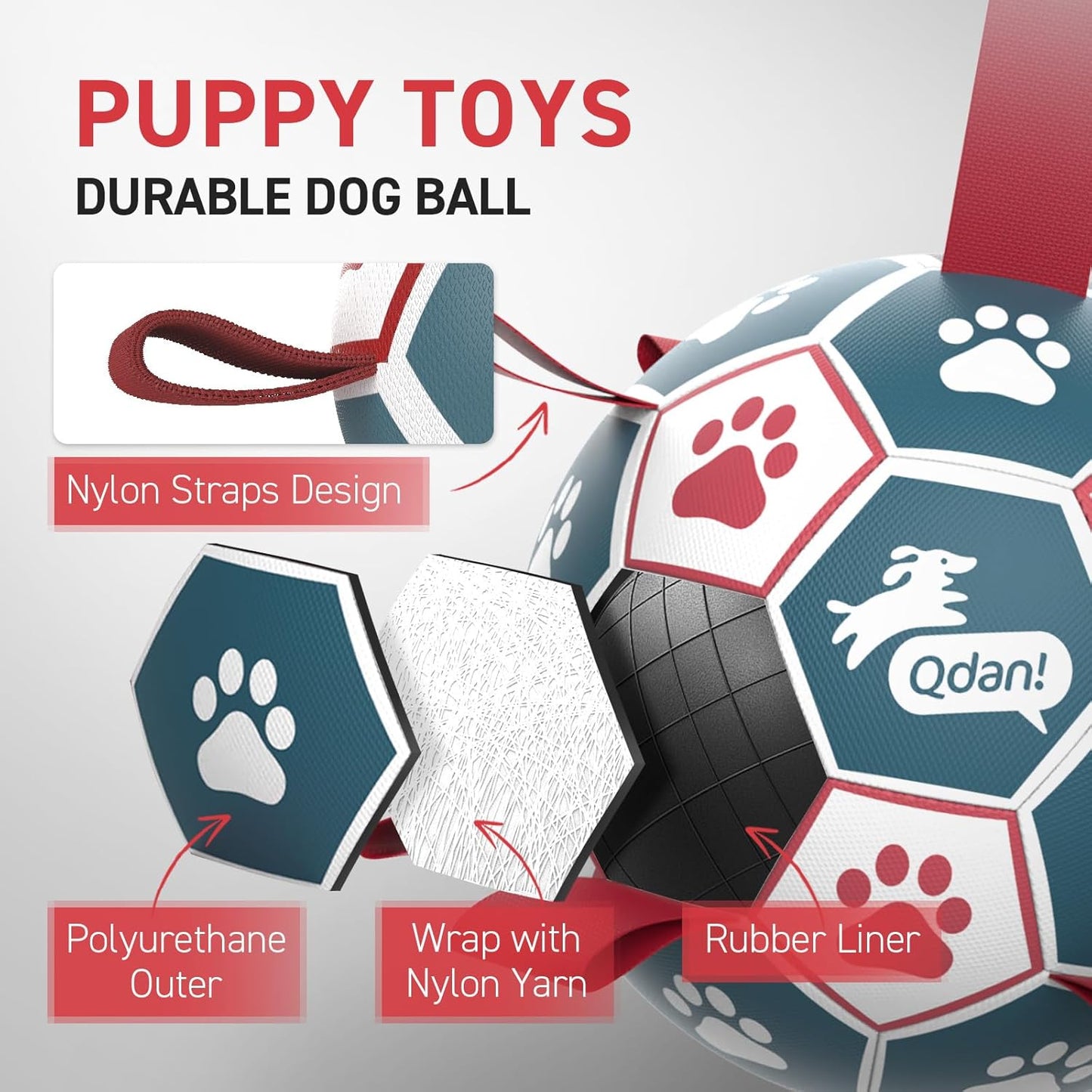 QDAN Premium Dog Balls Toys, Pet Training Soccer Ball with Straps, Puppy Birthday Gifts, Dog Water Toy, Durable Herding Balls for Small Medium Dogs, Pet Toys Puppy Ball (6 Inch)