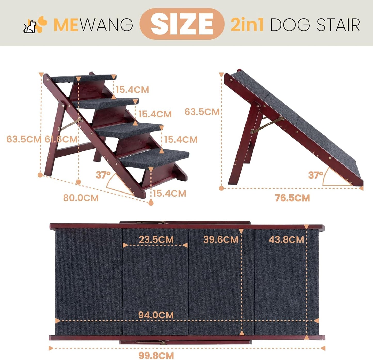 MEWANG Wooden Pet Stairs/Pet Steps - 3-in-1 Foldable Stairs & Ramp for Tall Beds and Cars - Portable Dog/Cat Ladder Up to 220 Pounds - for Small and Older Animals(Brown) (31.5" L x 17.2" W x 25.0" H)