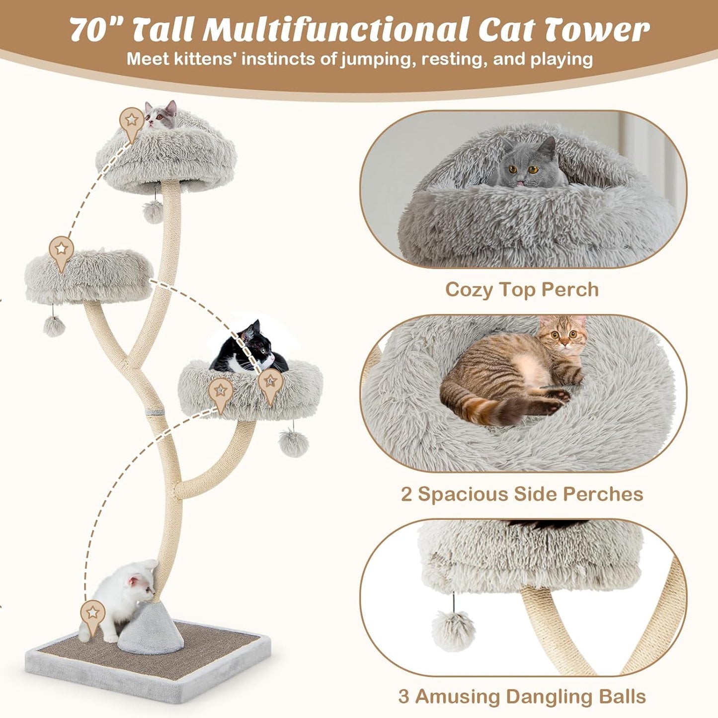 PETSITE 70" Tall Cat Tree, Cat Tower with Scratching Posts and Board, Multi-Level Cat Tower for Large Cats 20 lbs+ with 3 Cozy Perches and Dangling Balls, Modern Cat Tree for Indoor Cats Large Adult
