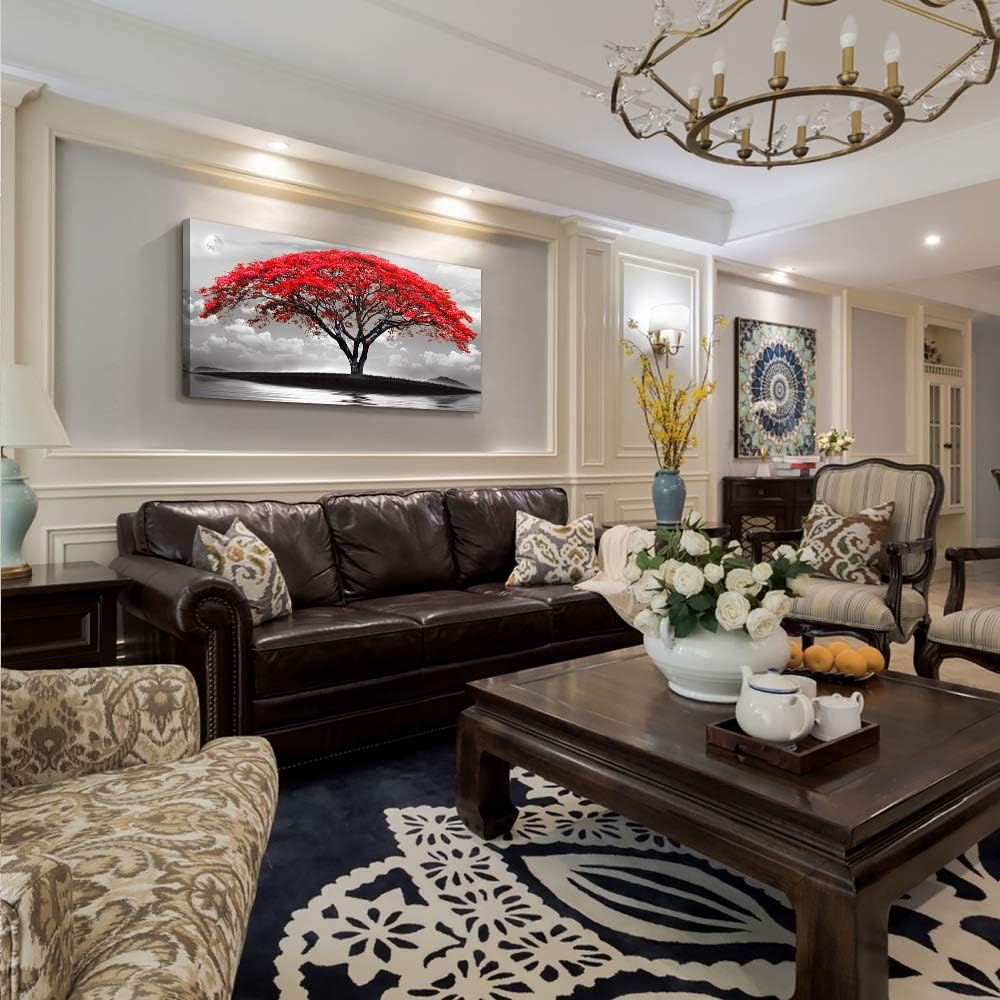 canvas wall art for living room bathroom Wall Decor Black and white landscape red tree moon scenery Hang painting Home Decorations for office bedroom kitchen Works canvas Prints pictures 24" x 48"inch