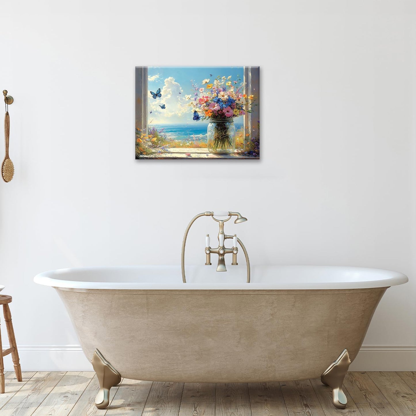 Beach Floral Bathroom Pictures Wall Art, Colorful Flower Bathroom Wall Decor, Coastal Ocean Framed Painting Canvas Artwork for Bedroom Living Room Decorations 20"L x 16"W