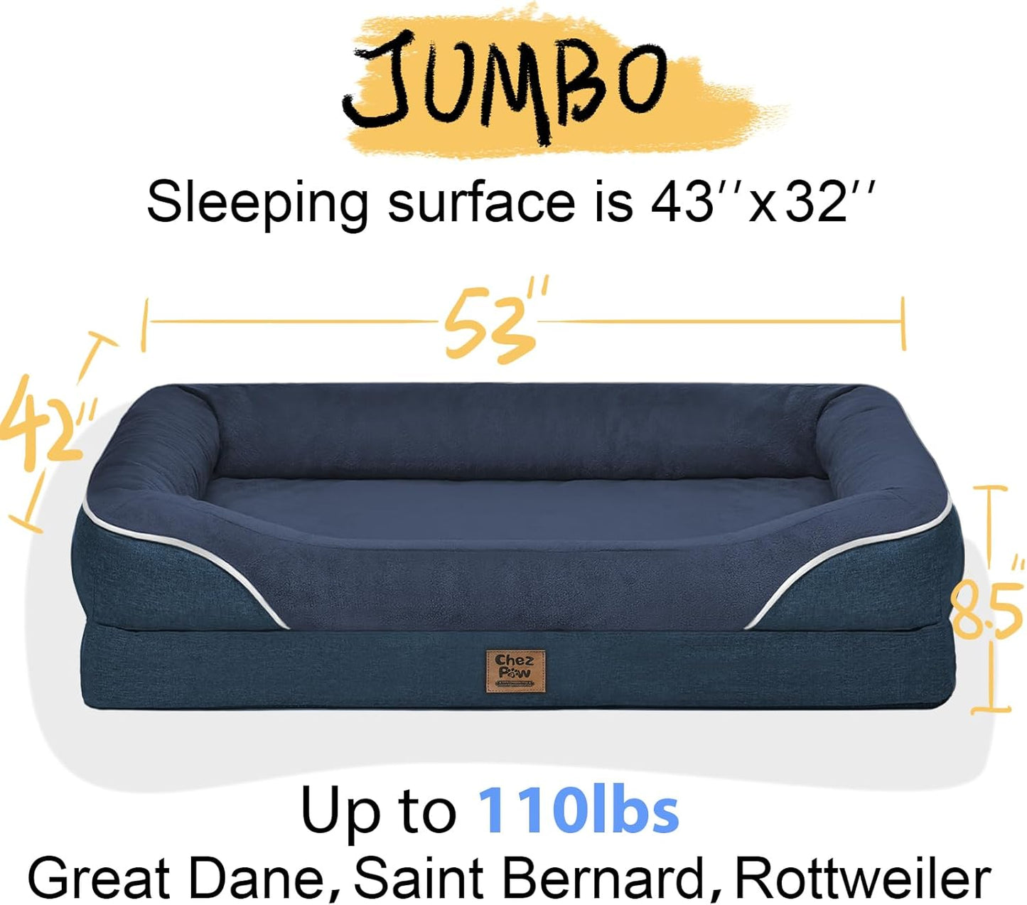 Washable Orthopedic Large Dog Bed - Removable Waterproof Cover with Bolster Machine Washable Extra Large Dog Bed Foam Support XL Large Big Pet Dogs Beds