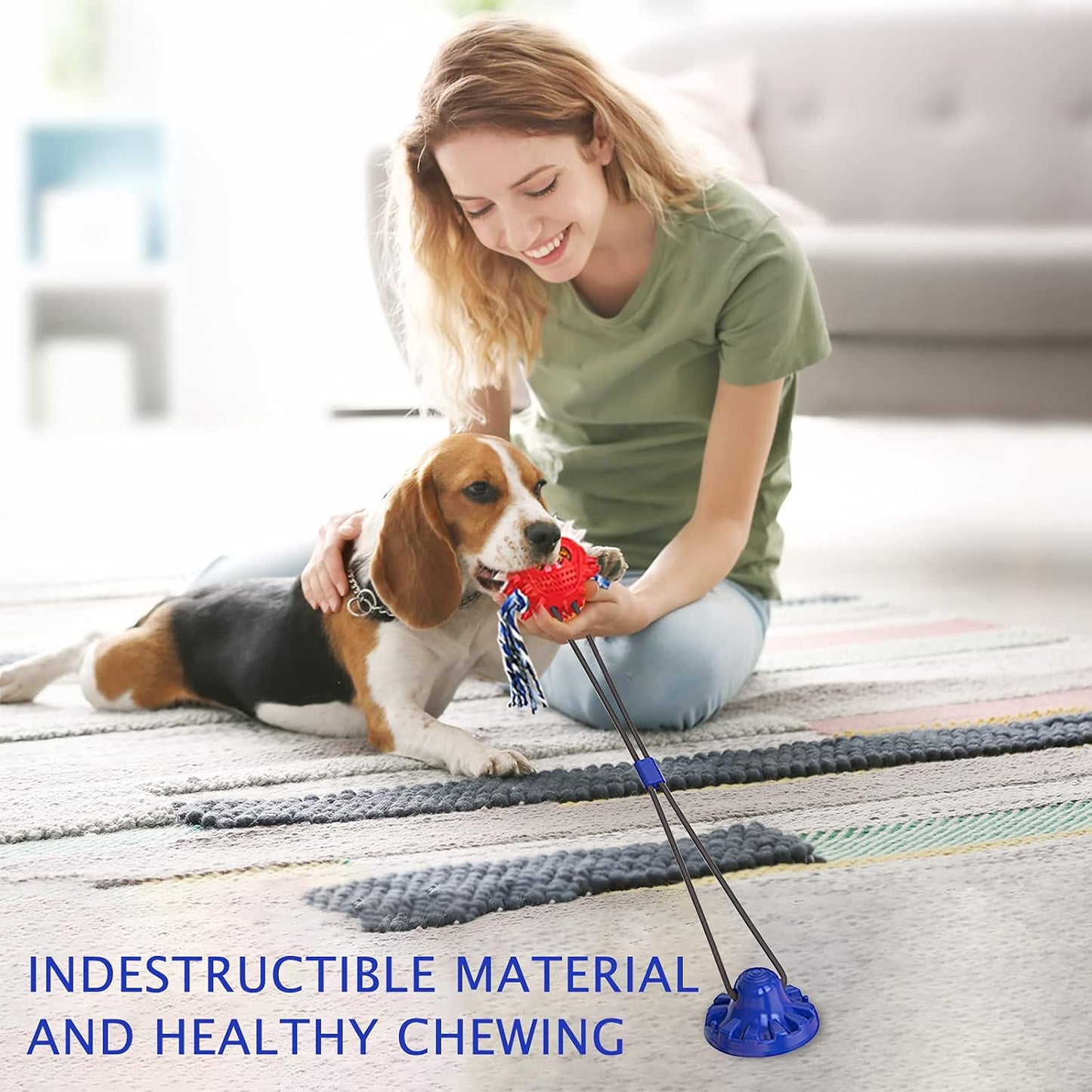 Aggressive Chewer Dog Toys - Rope Toys with Suction Cup, Teething Treats & Puzzle Food Dispensing Ball (Navy Blue)