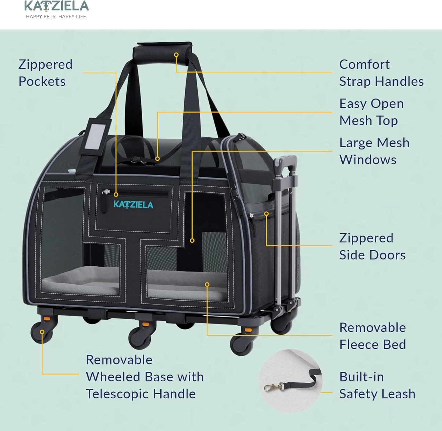 Katziela Rolling Pet Carrier Airline Approved - Pet Carrier with Wheels - Luxury Lorry - Deluxe TSA Approved Cat Carrier with 6 Wheels - Small Airline Approved Dog Carrier Trolley - Plane Carry On Bag