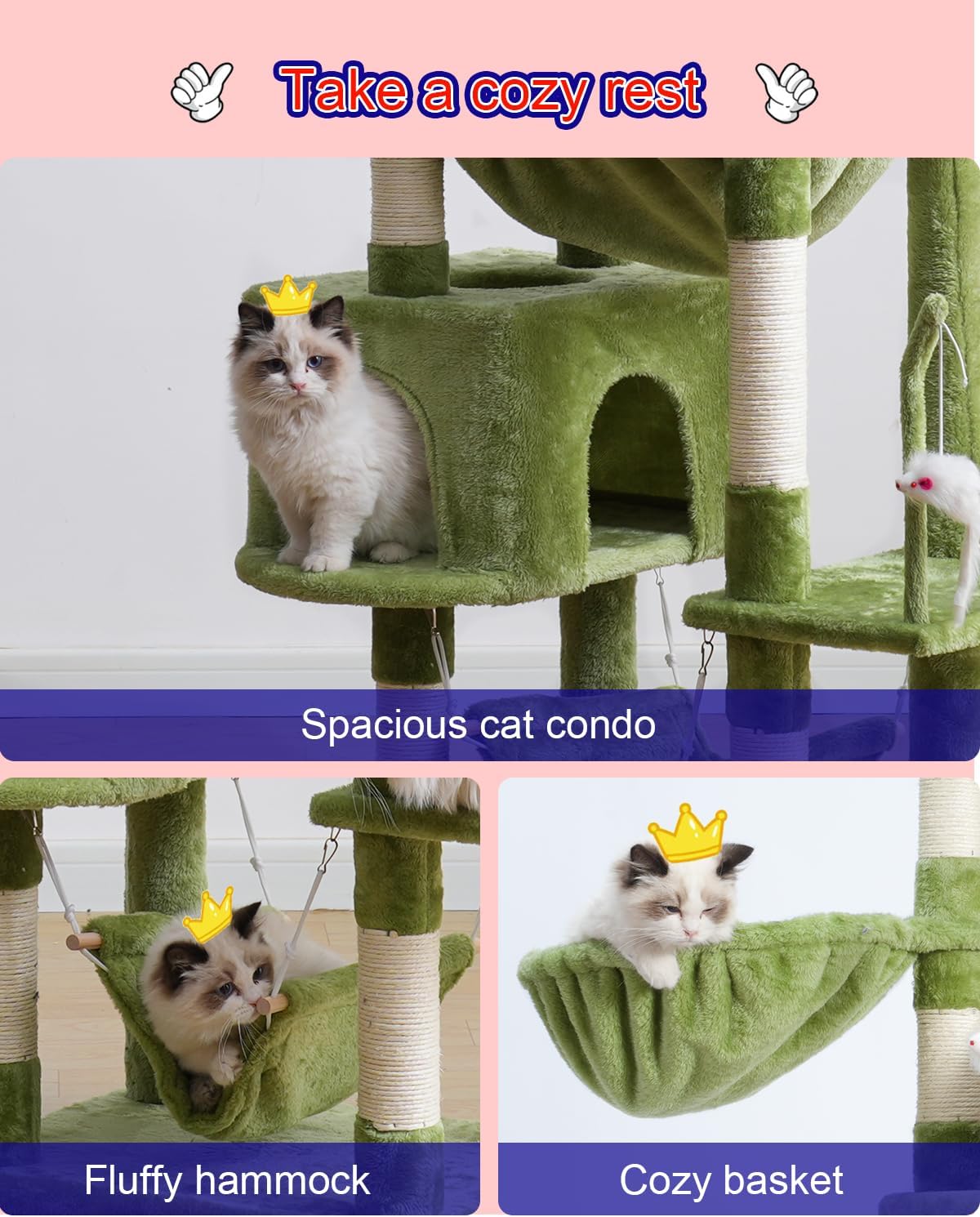 Cat Tree, Cat Tower for Large Cats with 2 Big Platforms, 2 Baskets, condo and Toys, 63" Cat Scratching Posts for Indoor Cats, Green GCT020GR