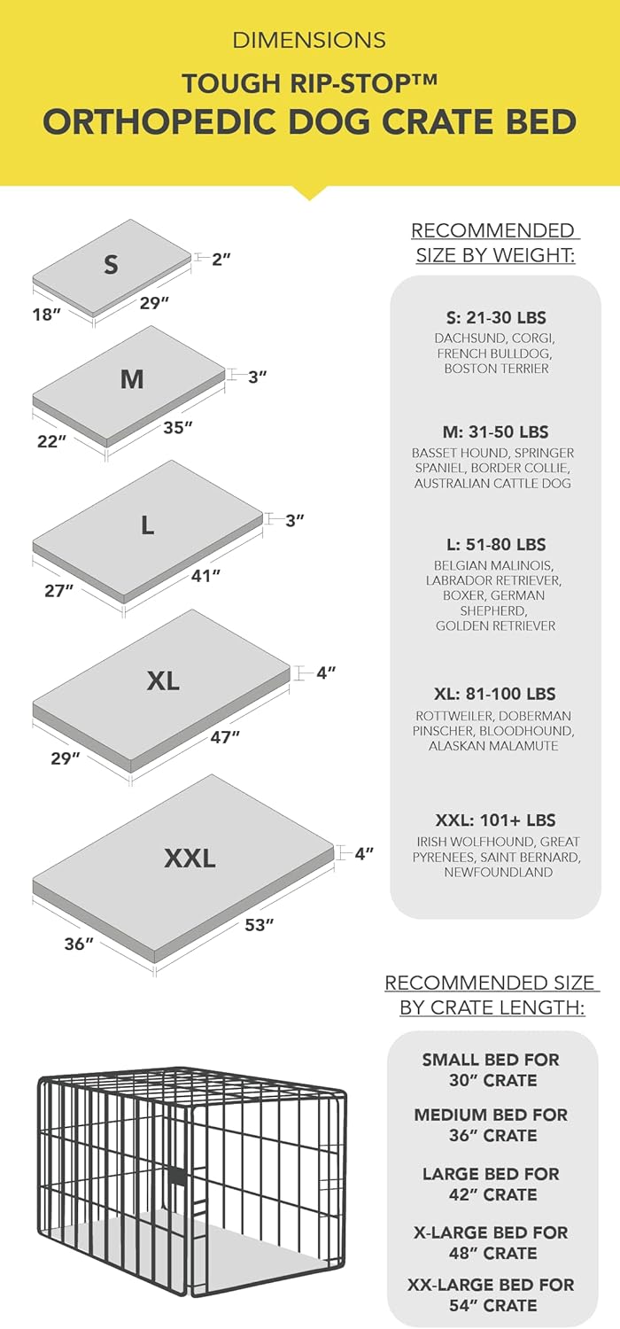 K9 Ballistics Tough Ripstop Orthopedic Dog Crate Bed - Durable Pad with Washable Cover, for Wire Crates, Tie-Downs Included, Size: XX-Large 53"x36", Light Gray Velvet
