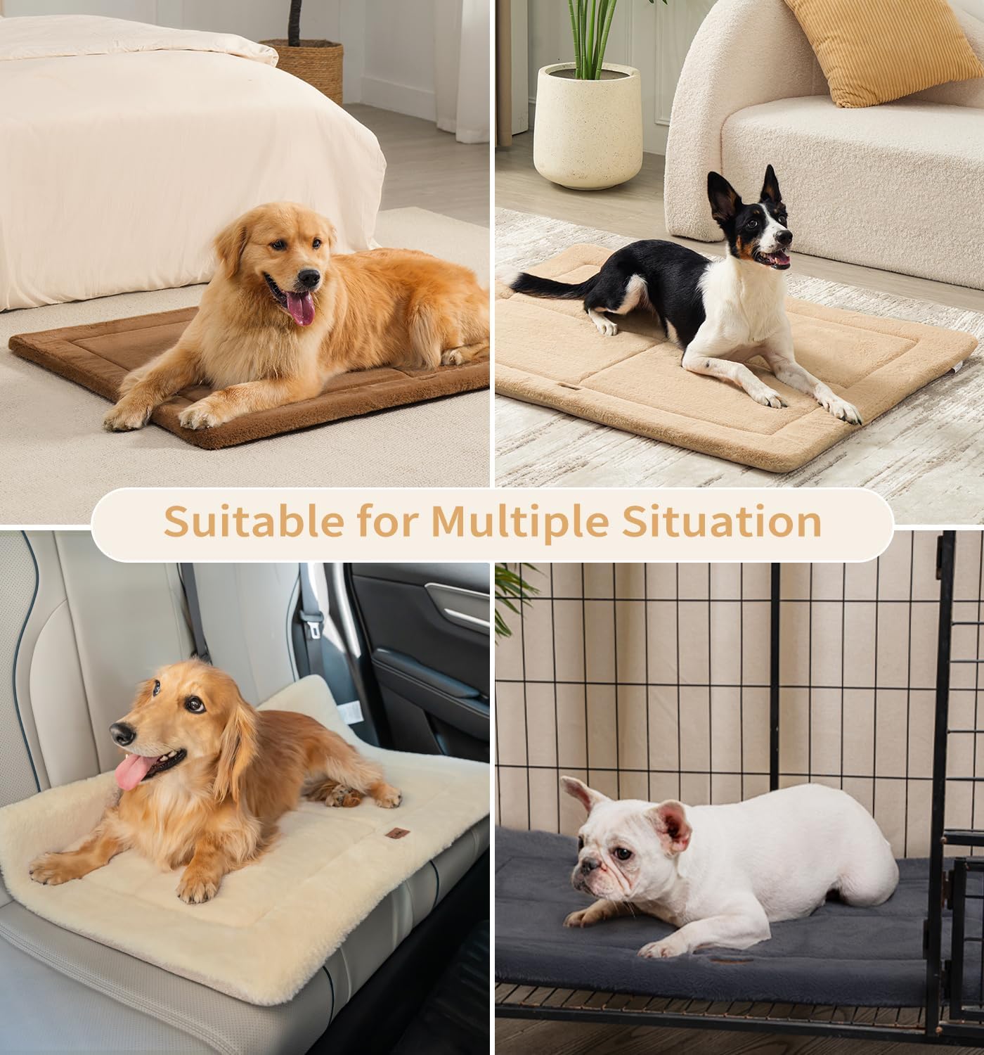 Made4Pets Dog Crate Pad Bed for Extra Large Dogs, Washable & Reversible, Anti-Slip Kennel Mat for Cozy Sleeping, Soft Fluffy Dog Bed for Indoor & Outdoor Use, 48"x30", Khaki